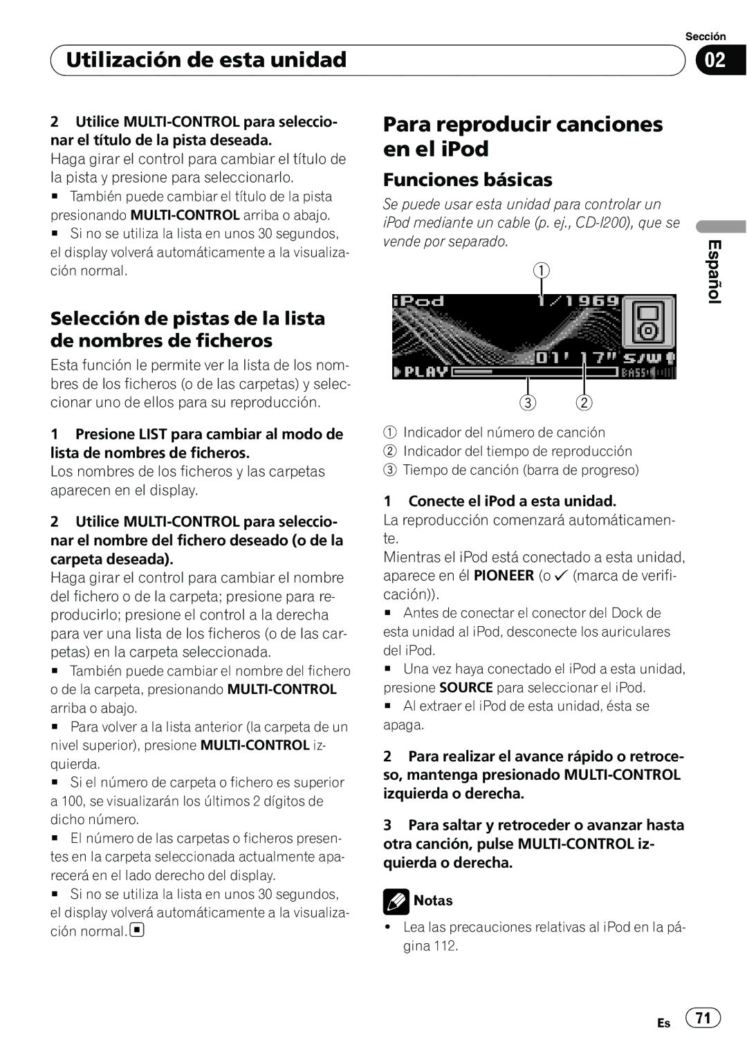 Pioneer DEH-P6950IB Para reproducir canciones en el iPod, Selección de pistas de la lista de nombres de ficheros, Quierda 