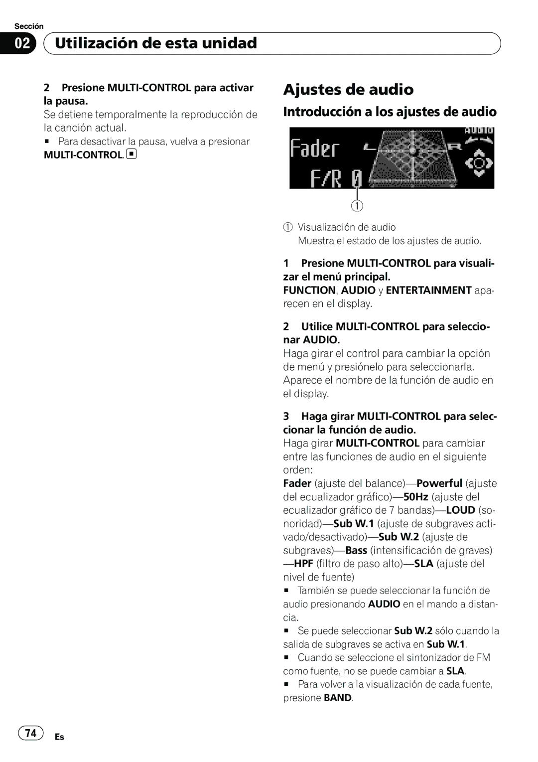 Pioneer DEH-P6950IB operation manual Ajustes de audio, Introducción a los ajustes de audio, La pausa 