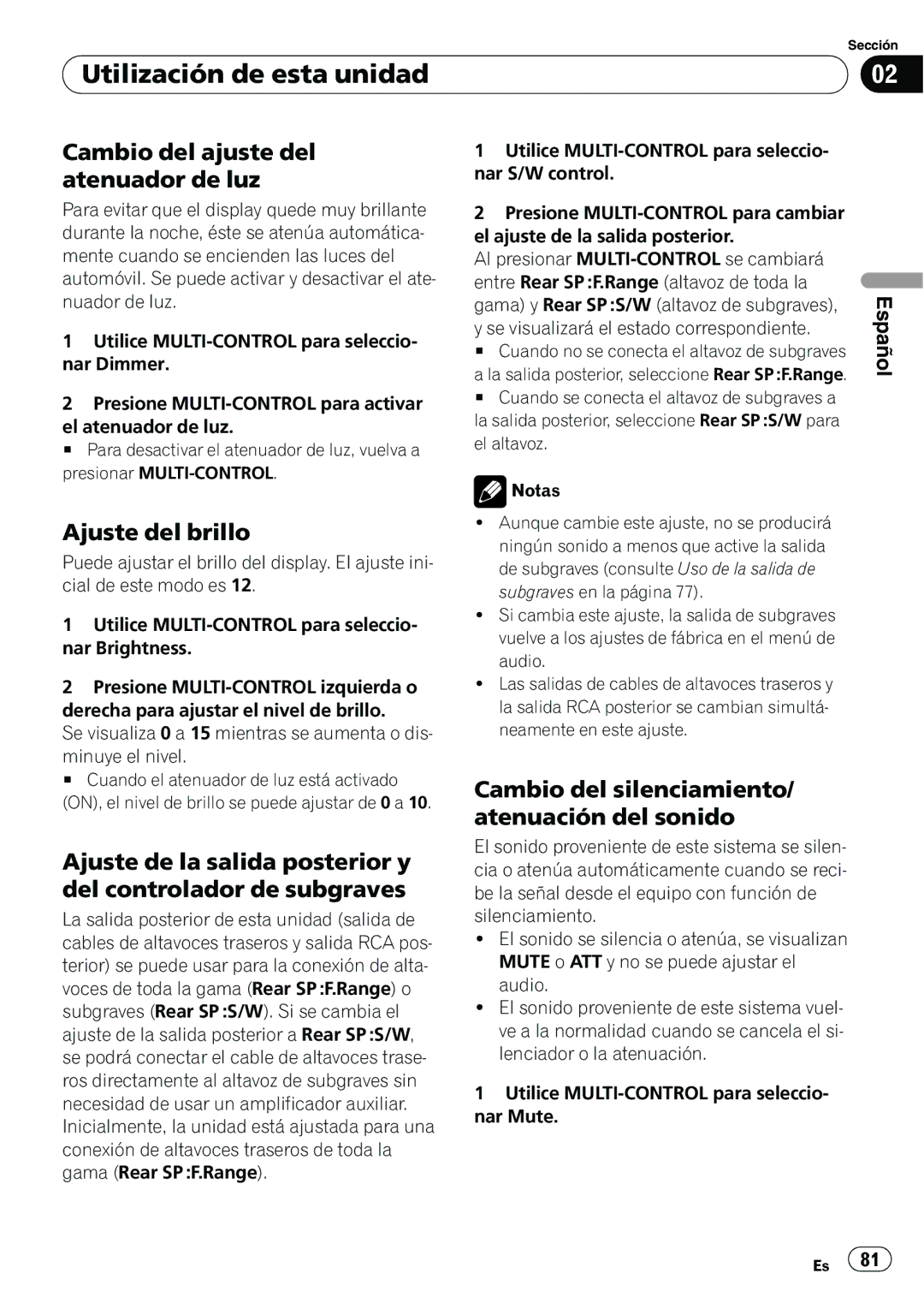 Pioneer DEH-P6950IB operation manual Cambio del ajuste del atenuador de luz, Ajuste del brillo 