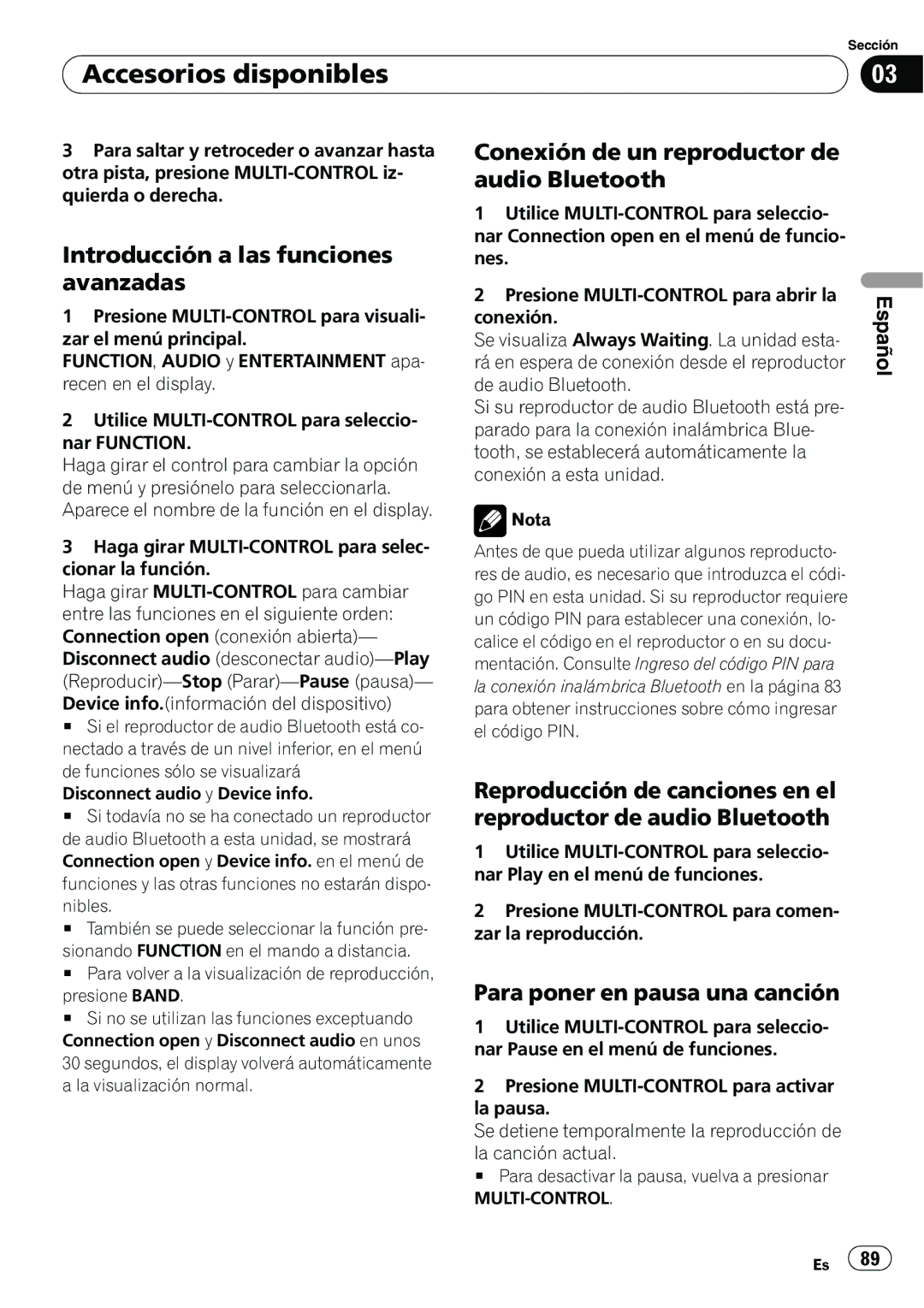 Pioneer DEH-P6950IB operation manual Introducción a las funciones avanzadas, Conexión de un reproductor de audio Bluetooth 