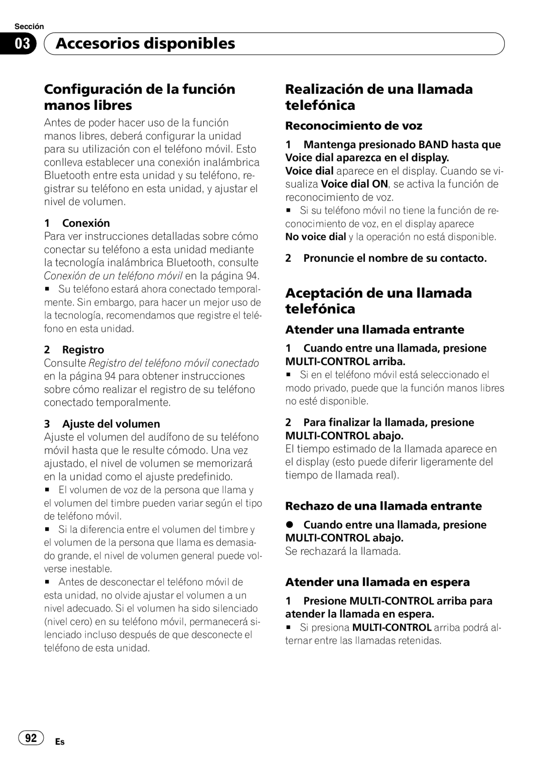 Pioneer DEH-P6950IB operation manual Configuración de la función manos libres, Realización de una llamada telefónica 