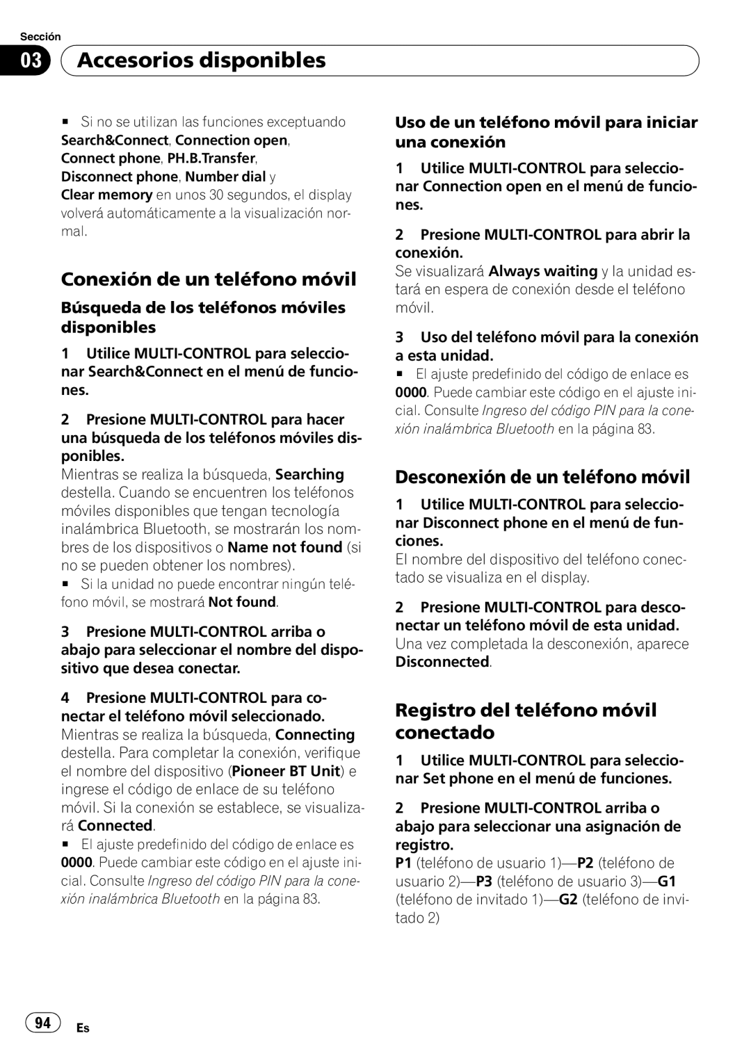 Pioneer DEH-P6950IB Conexión de un teléfono móvil, Desconexión de un teléfono móvil, Registro del teléfono móvil conectado 