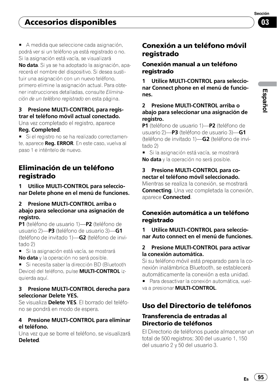 Pioneer DEH-P6950IB operation manual Eliminación de un teléfono registrado, Conexión a un teléfono móvil registrado 