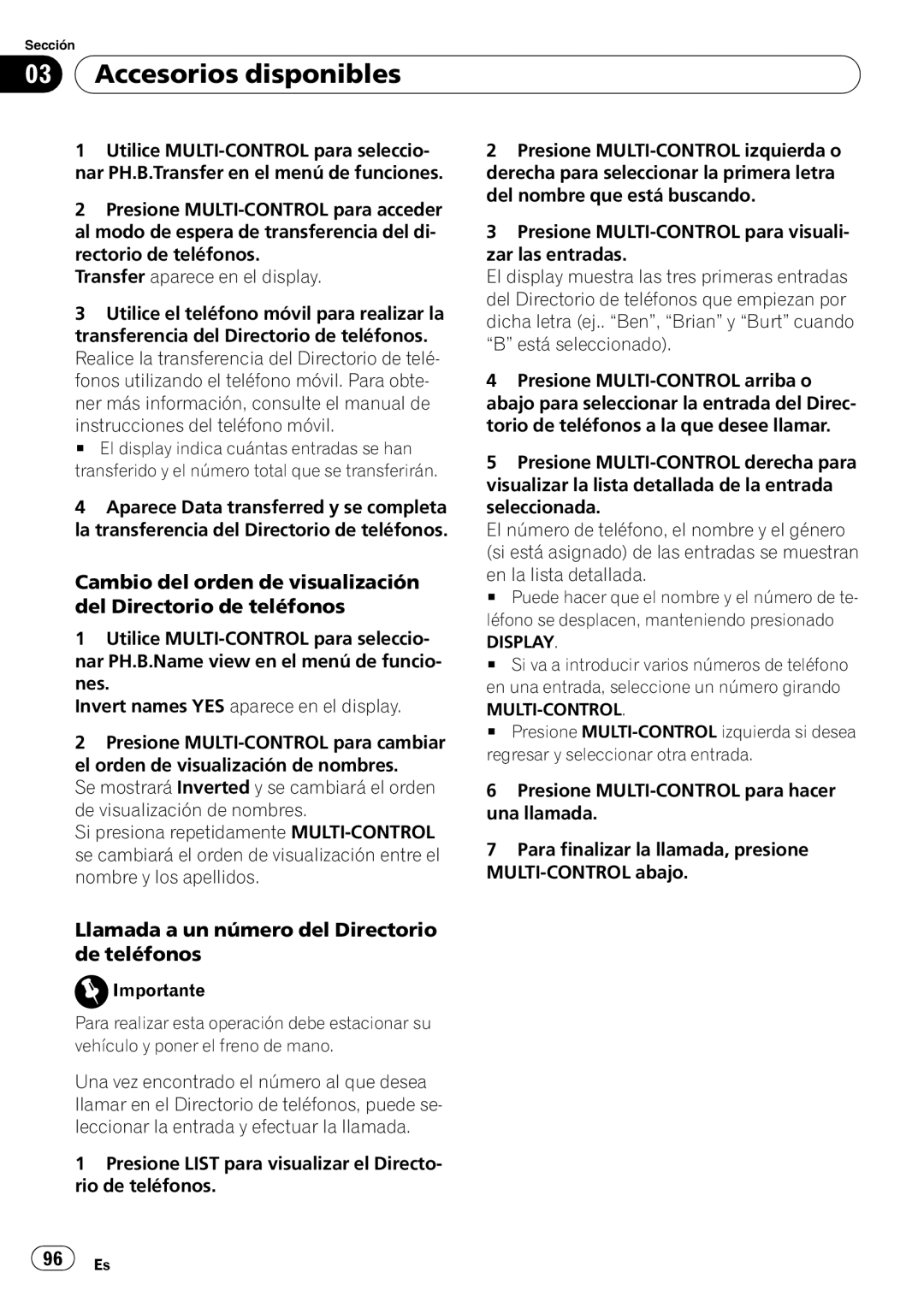 Pioneer DEH-P6950IB operation manual Llamada a un número del Directorio de teléfonos, Display 