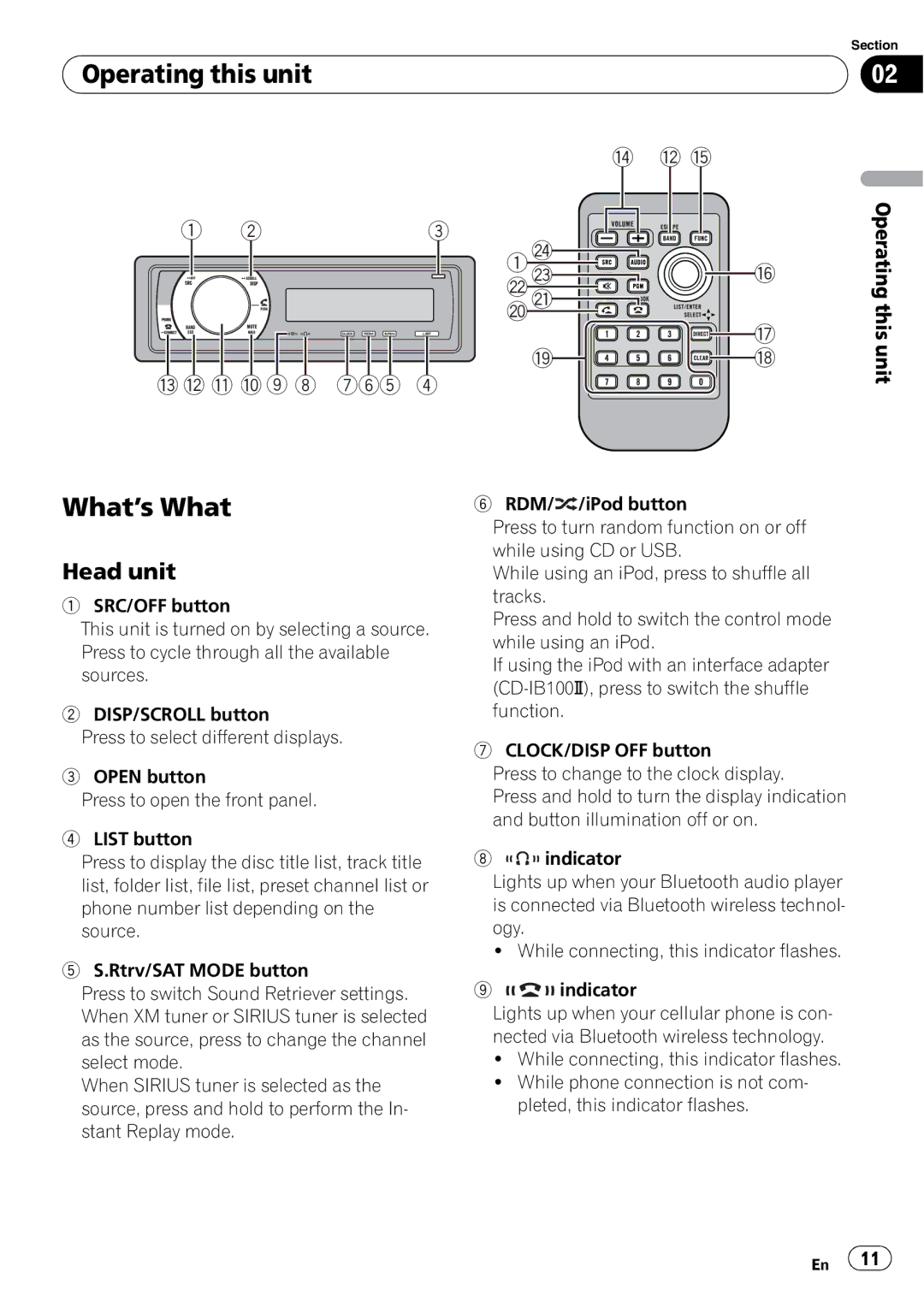 Pioneer DEH-P700BT operation manual Operating this unit, What’s What, Head unit 