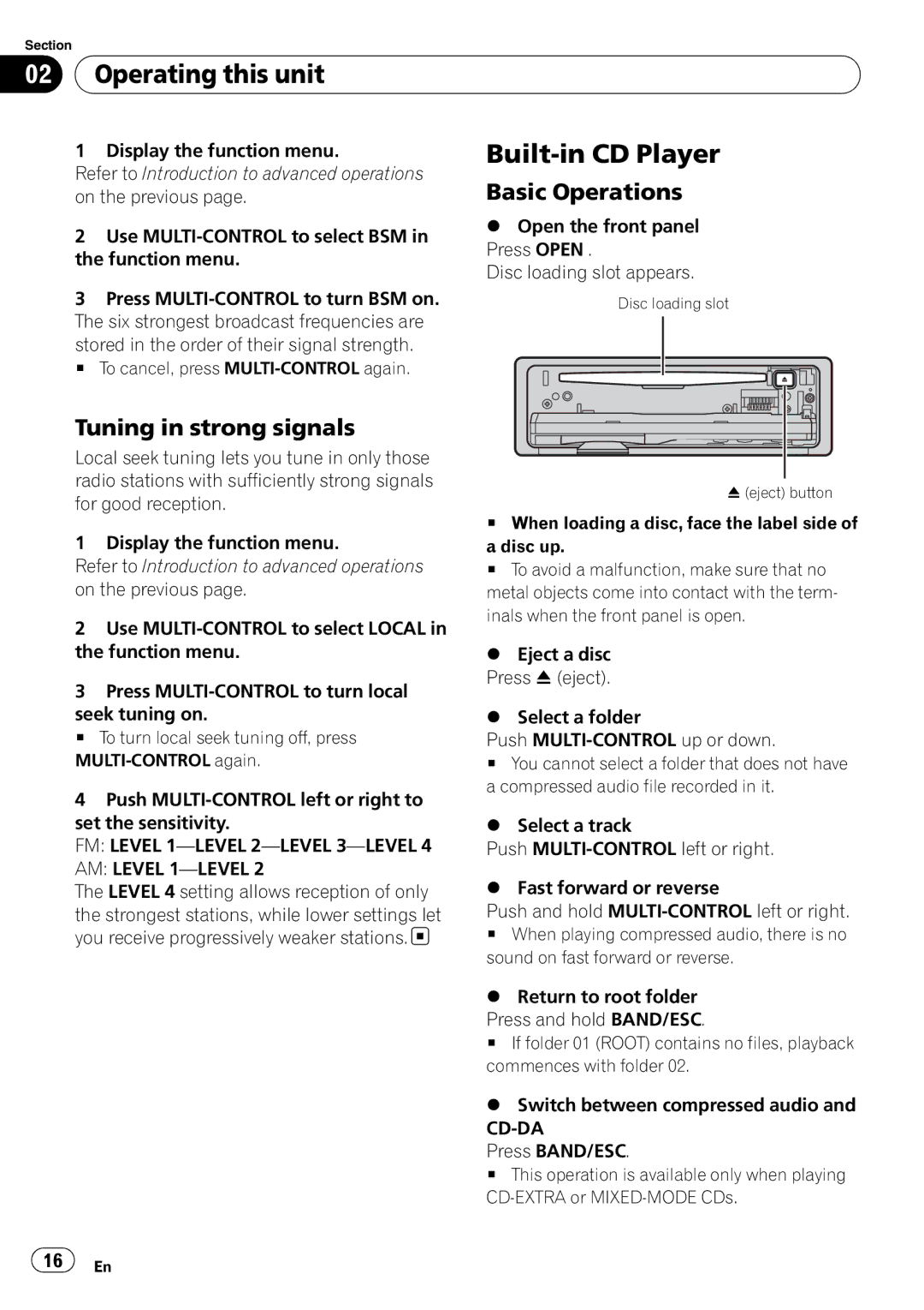 Pioneer DEH-P700BT Built-in CD Player, Tuning in strong signals, FM Level 1-LEVEL 2-LEVEL 3-LEVEL AM Level 1-LEVEL 