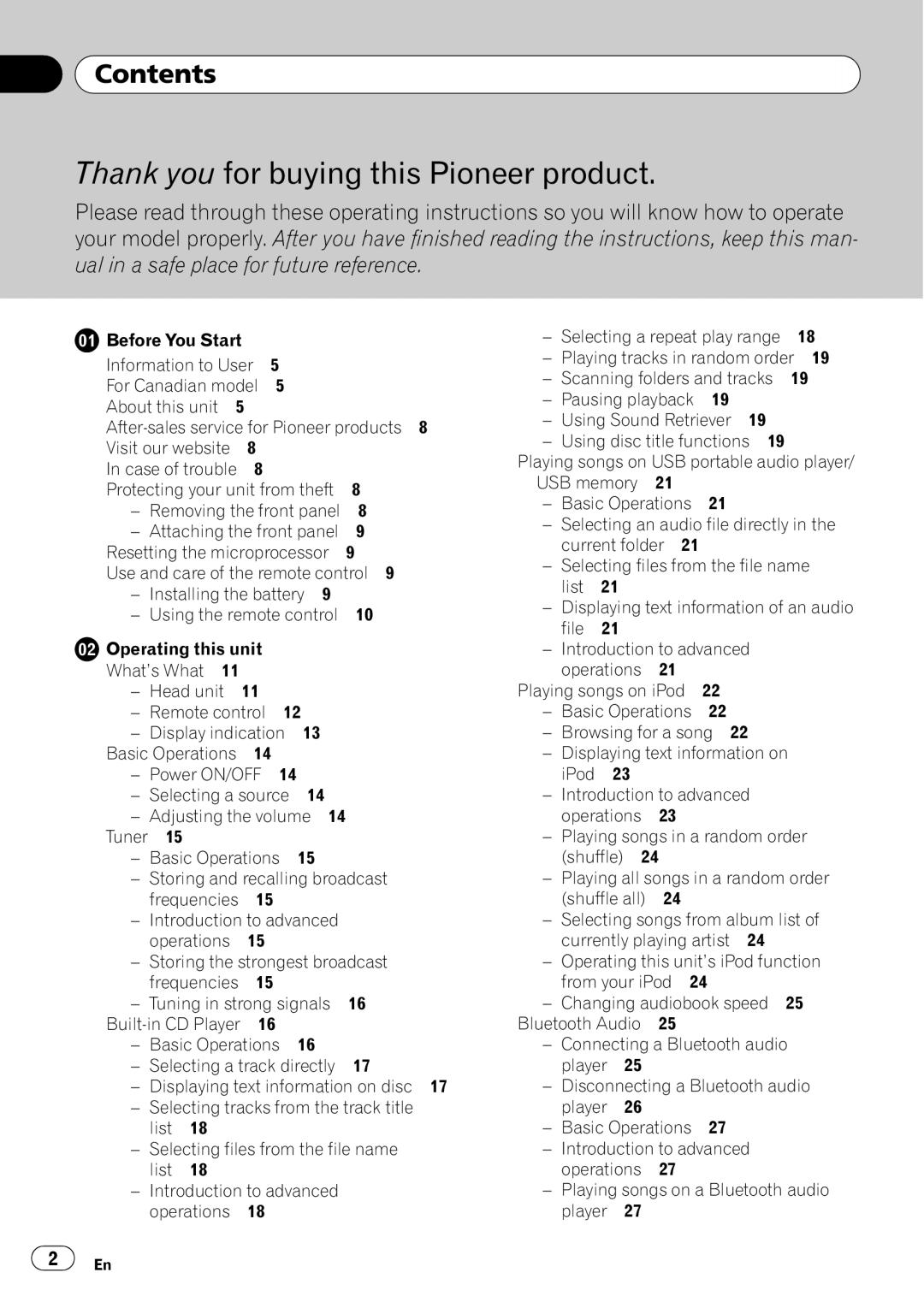 Pioneer DEH-P700BT operation manual Contents, Playing tracks in random order 