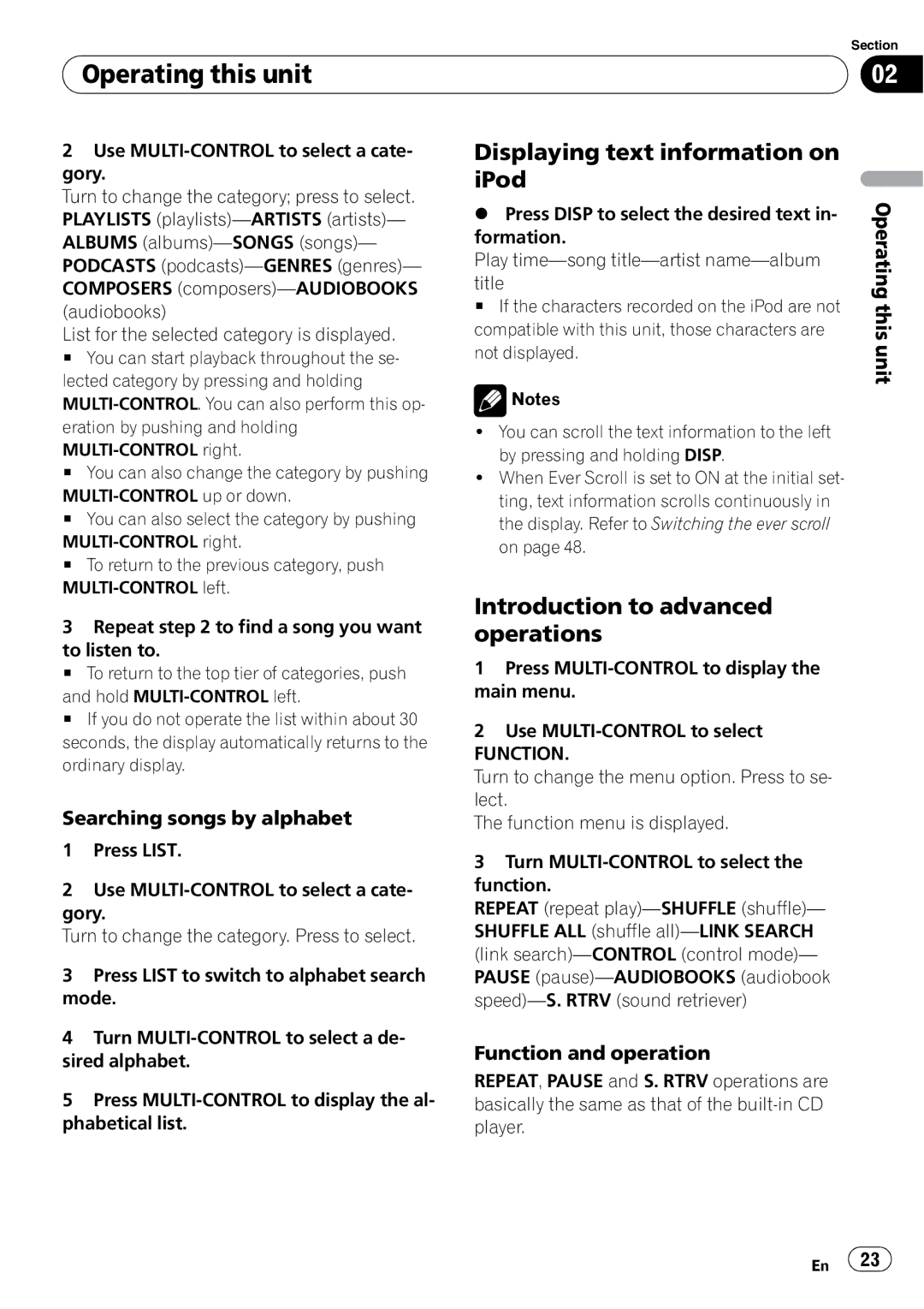 Pioneer DEH-P700BT operation manual Displaying text information on iPod, Searching songs by alphabet 