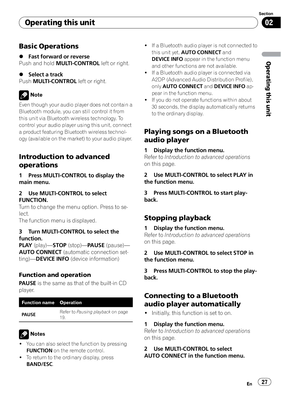 Pioneer DEH-P700BT operation manual Playing songs on a Bluetooth audio player, Stopping playback 