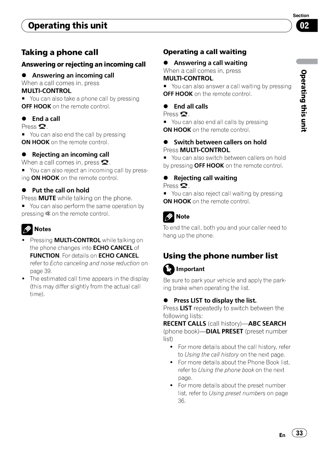 Pioneer DEH-P700BT Taking a phone call, Using the phone number list, Answering or rejecting an incoming call 