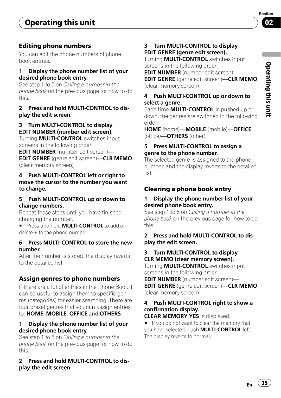 Pioneer DEH-P700BT operation manual Editing phone numbers, Assign genres to phone numbers, Clearing a phone book entry 