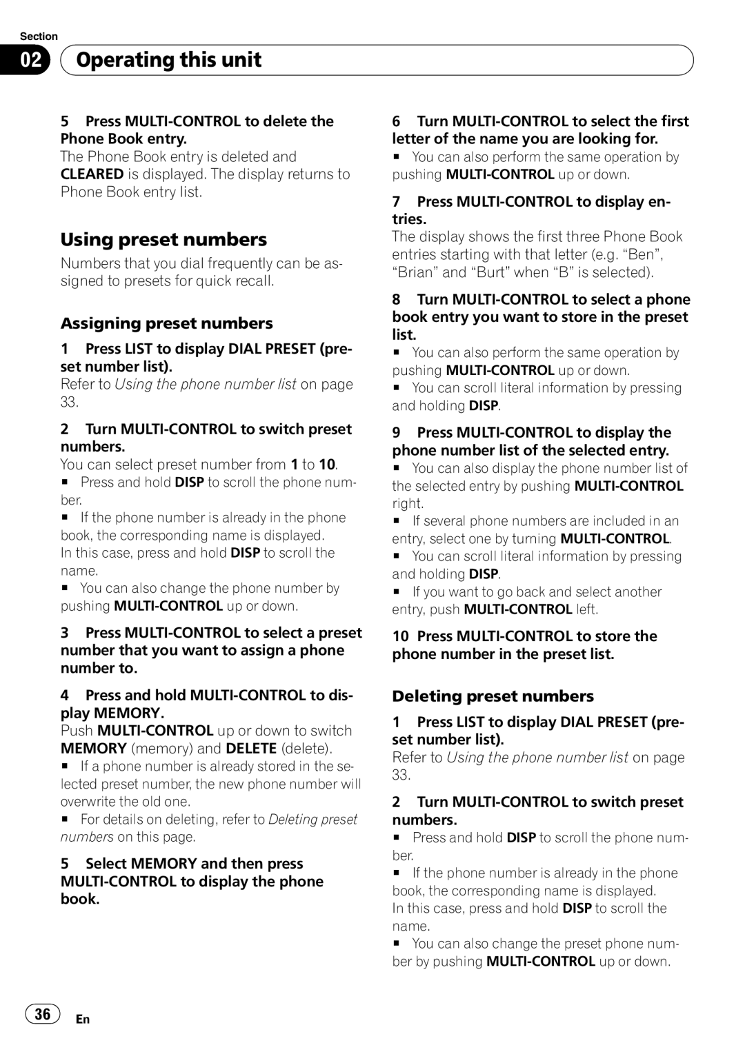 Pioneer DEH-P700BT operation manual Using preset numbers, Assigning preset numbers, Deleting preset numbers 