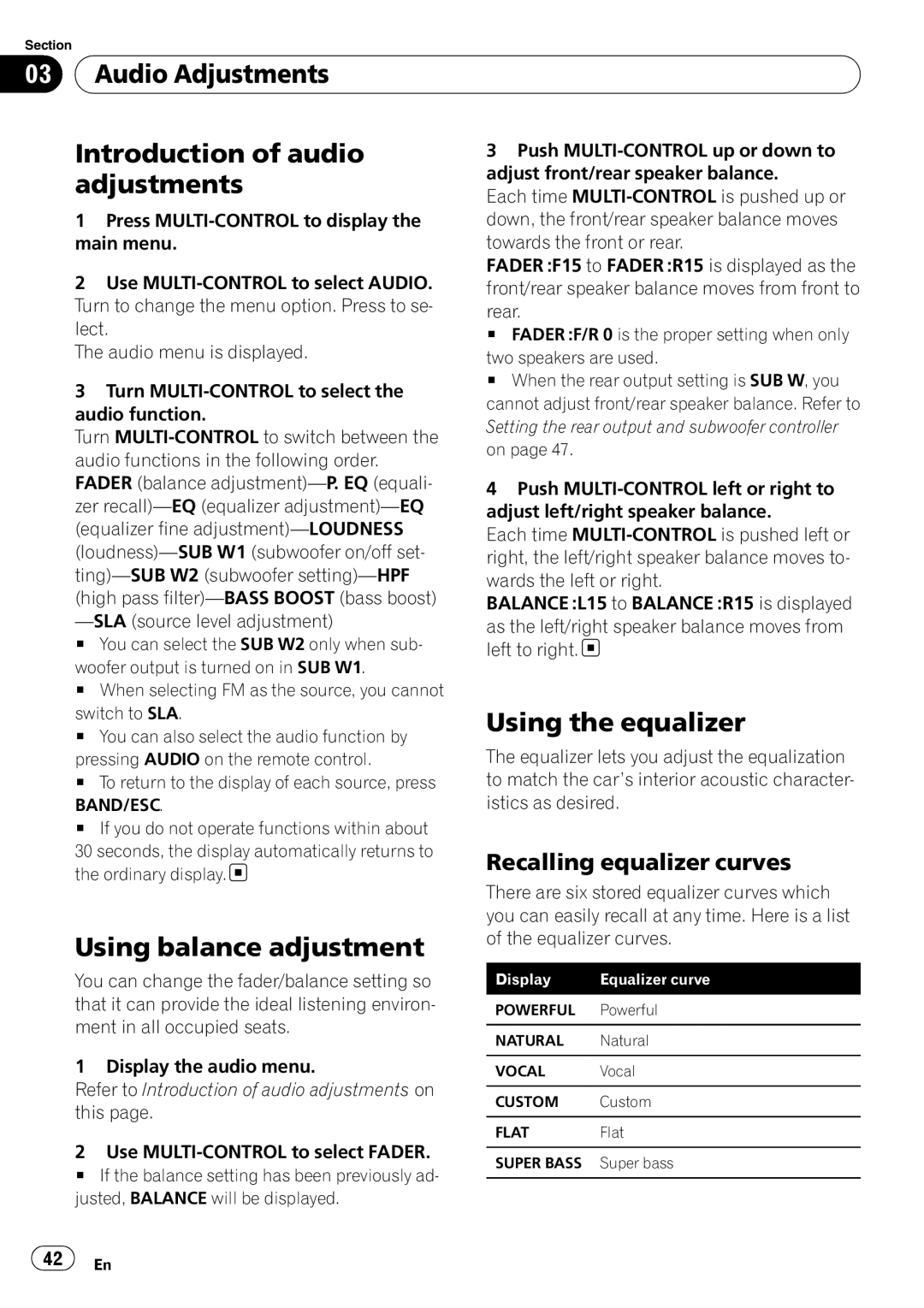 Pioneer DEH-P700BT operation manual Audio Adjustments Introduction of audio, Using the equalizer, Using balance adjustment 