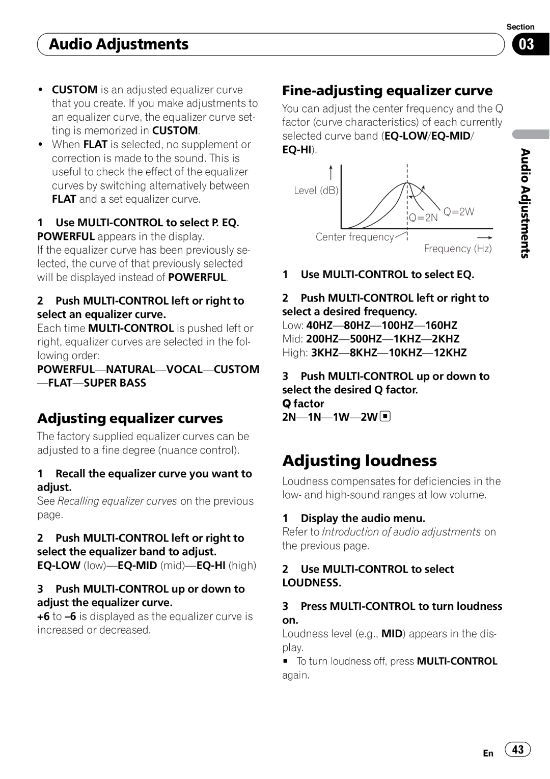 Pioneer DEH-P700BT Audio Adjustments, Adjusting loudness, Adjusting equalizer curves, Fine-adjusting equalizer curve 