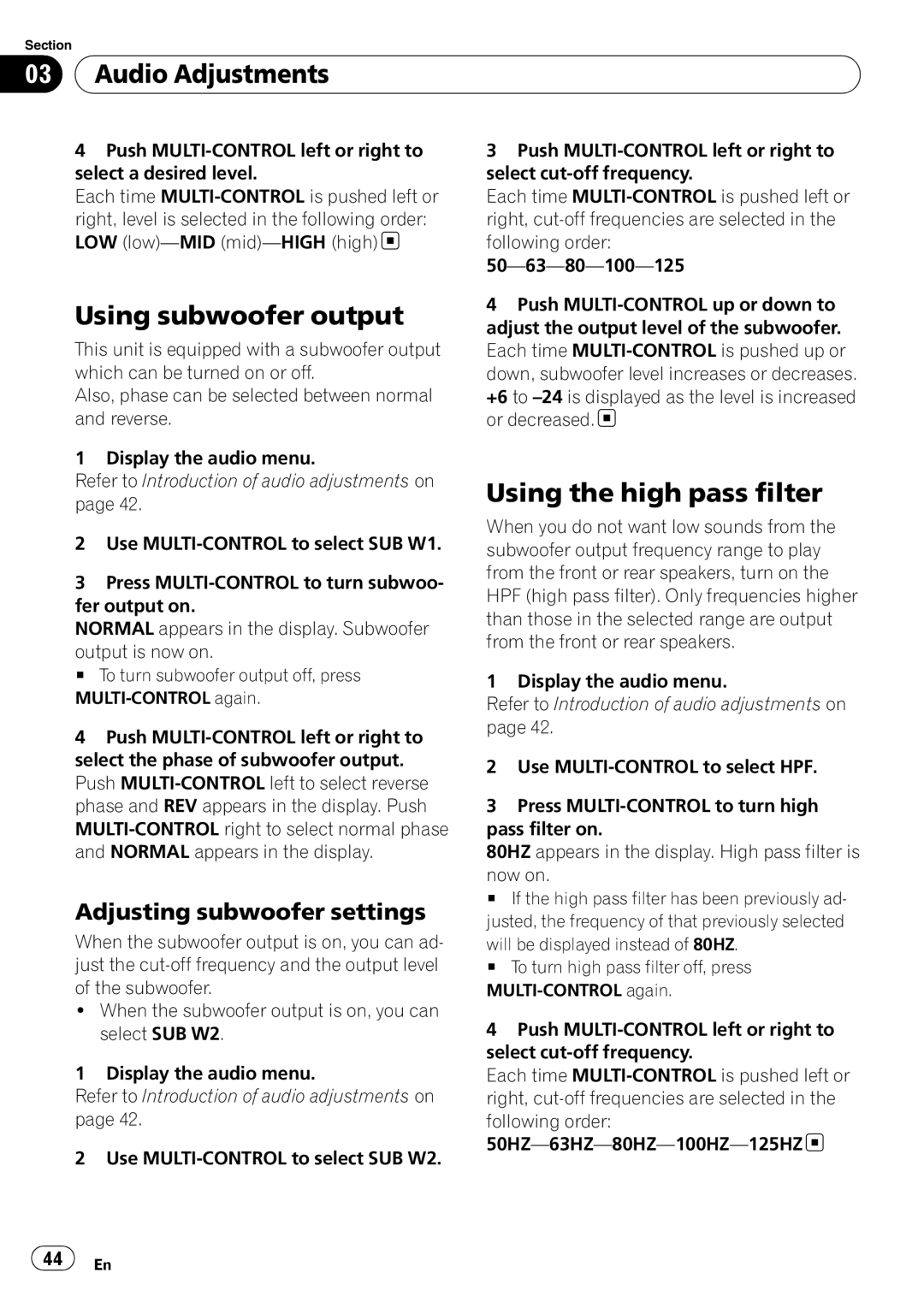 Pioneer DEH-P700BT operation manual Using subwoofer output, Using the high pass filter, Adjusting subwoofer settings 