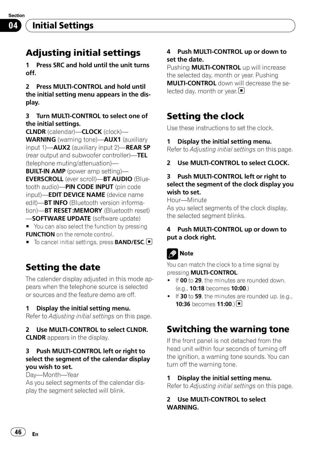 Pioneer DEH-P700BT operation manual Initial Settings Adjusting initial settings, Setting the date, Setting the clock 