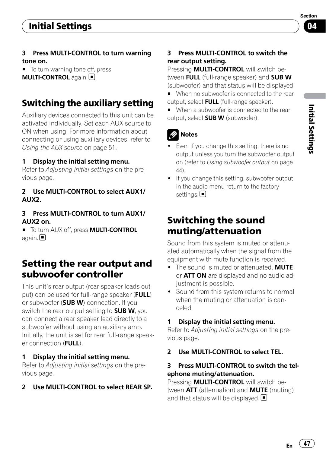 Pioneer DEH-P700BT Initial Settings, Switching the auxiliary setting, Setting the rear output and subwoofer controller 