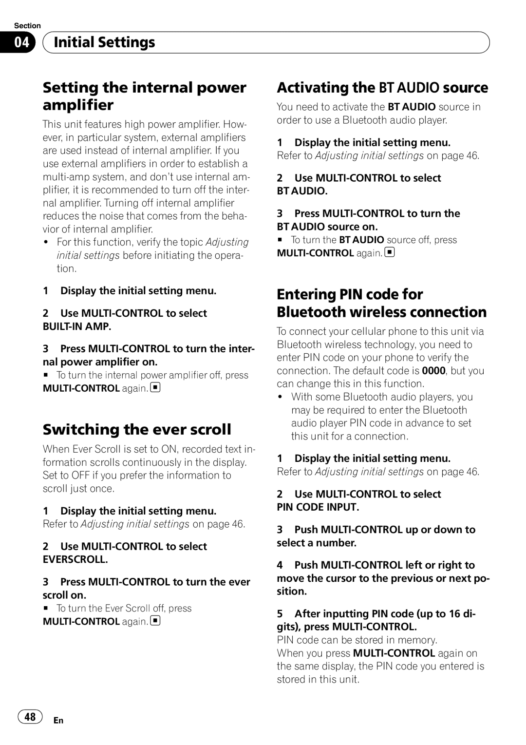 Pioneer DEH-P700BT operation manual Entering PIN code for, Bluetooth wireless connection, Switching the ever scroll 