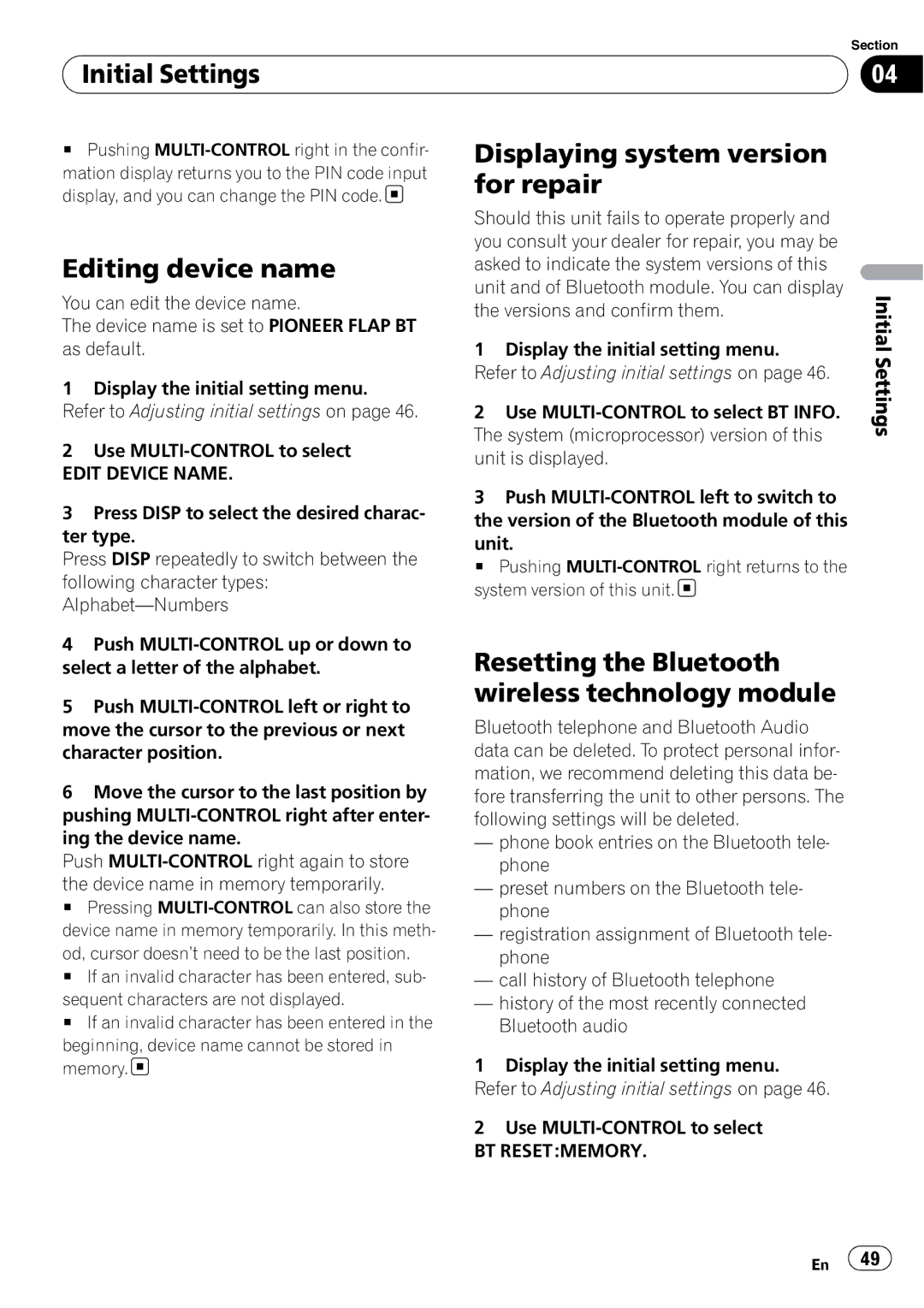 Pioneer DEH-P700BT Editing device name, Displaying system version for repair, Edit Device Name, BT Resetmemory 