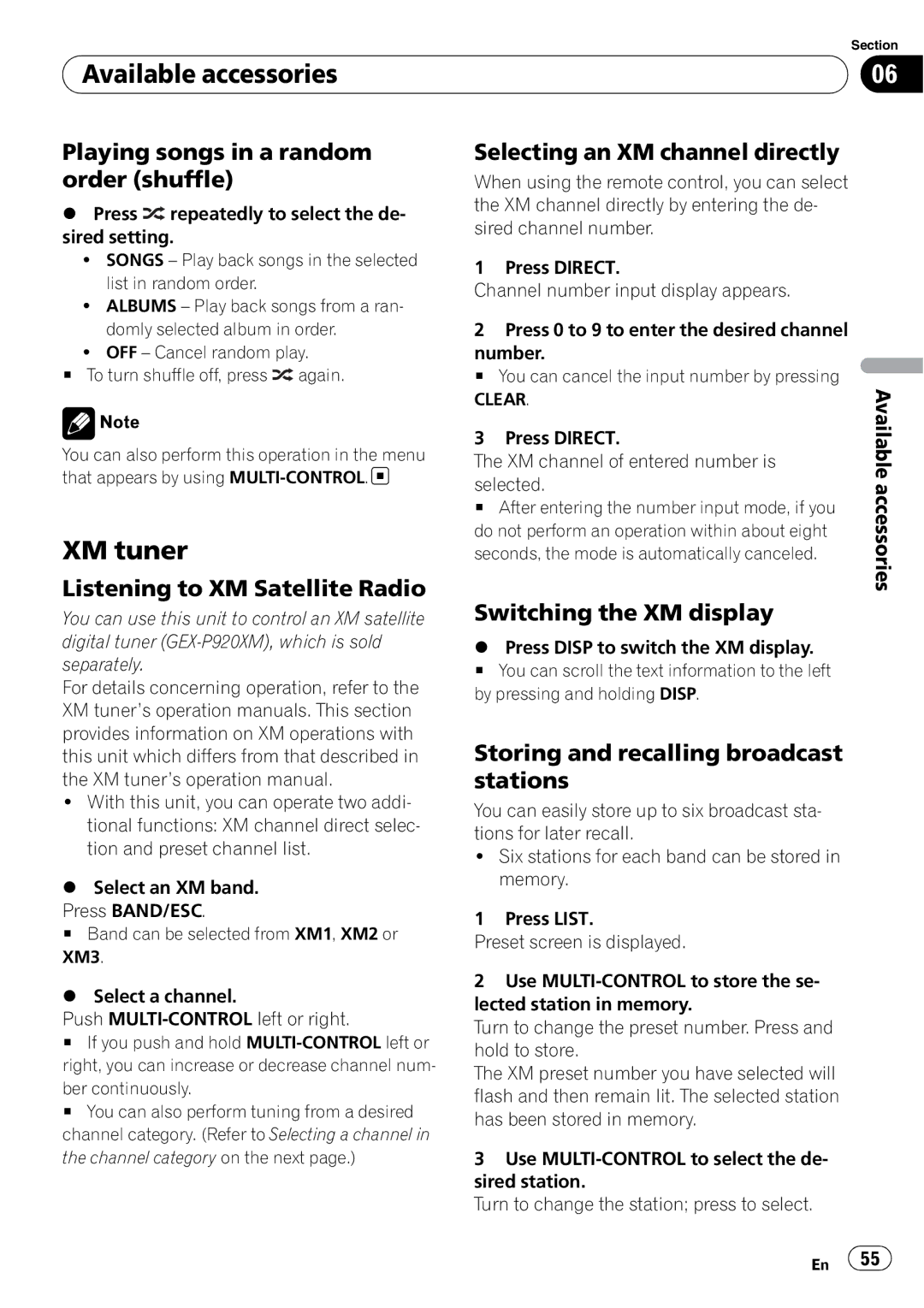 Pioneer DEH-P700BT operation manual Available accessories, XM tuner 