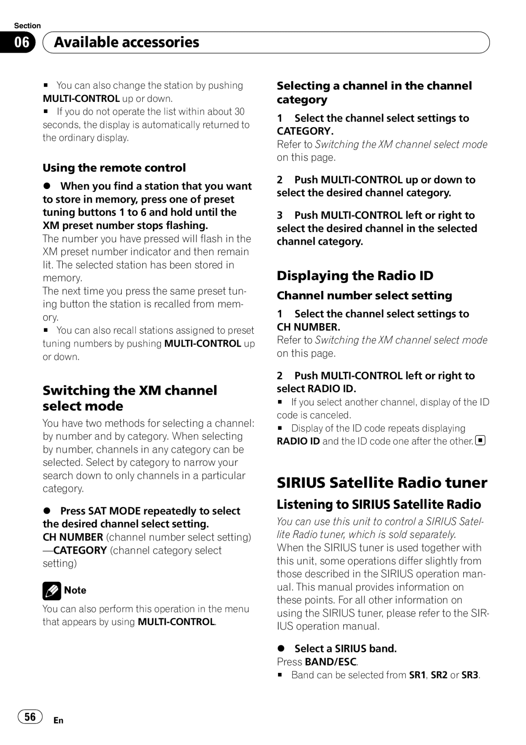 Pioneer DEH-P700BT Sirius Satellite Radio tuner, Switching the XM channel select mode, Displaying the Radio ID 