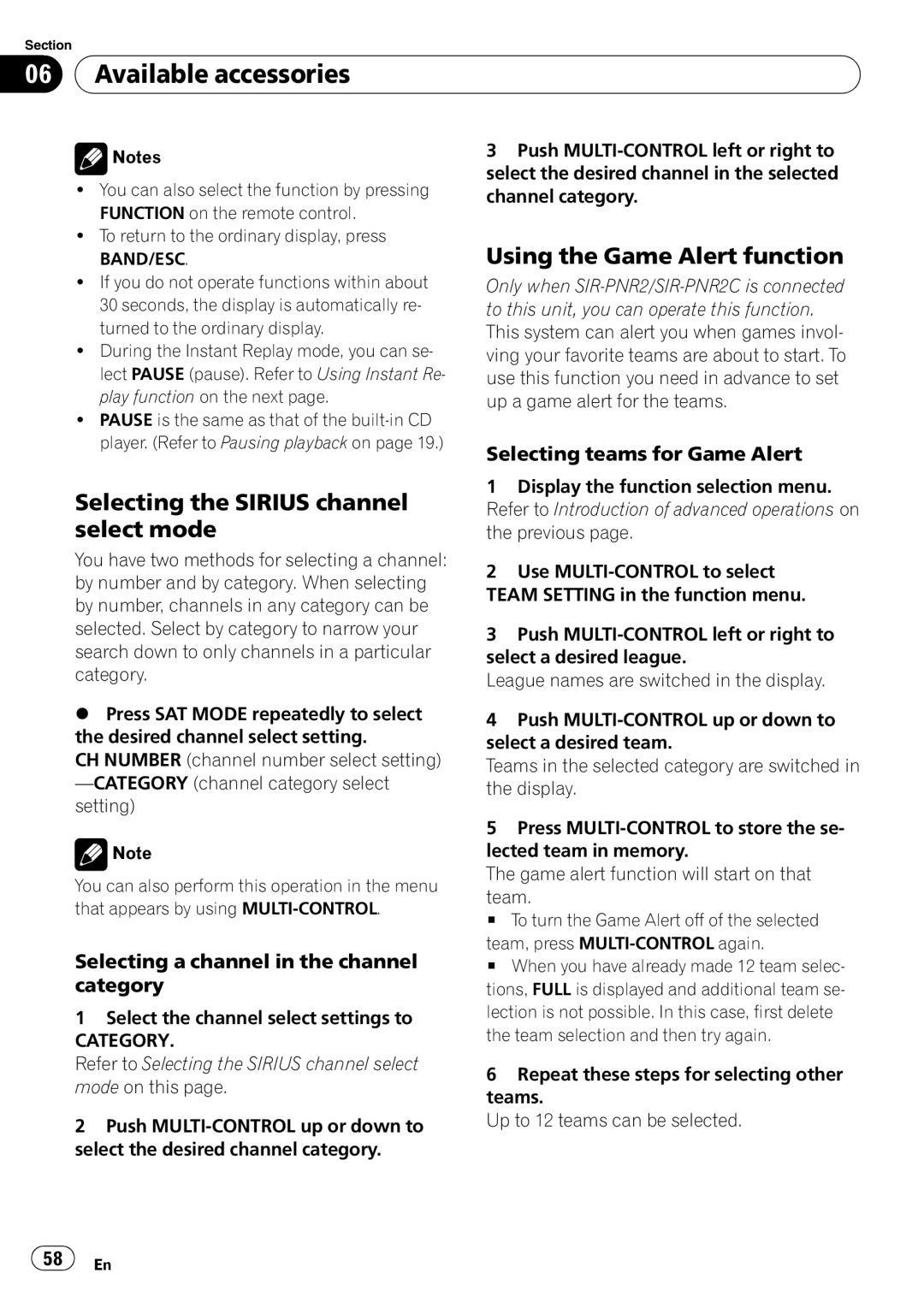 Pioneer DEH-P700BT Selecting the Sirius channel select mode, Using the Game Alert function, Selecting teams for Game Alert 