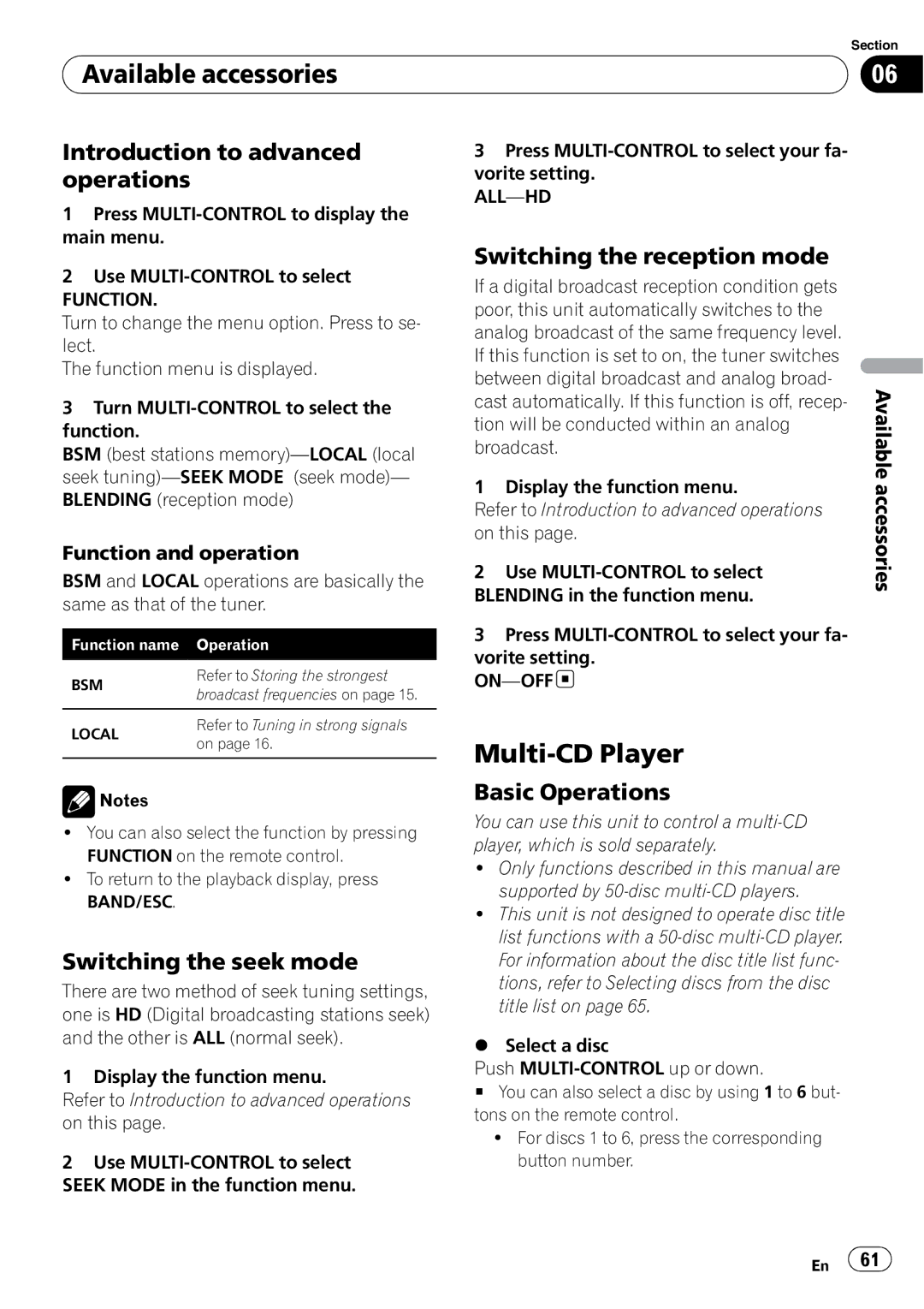 Pioneer DEH-P700BT operation manual Multi-CD Player, Switching the reception mode, Switching the seek mode, All-Hd, On-Off 