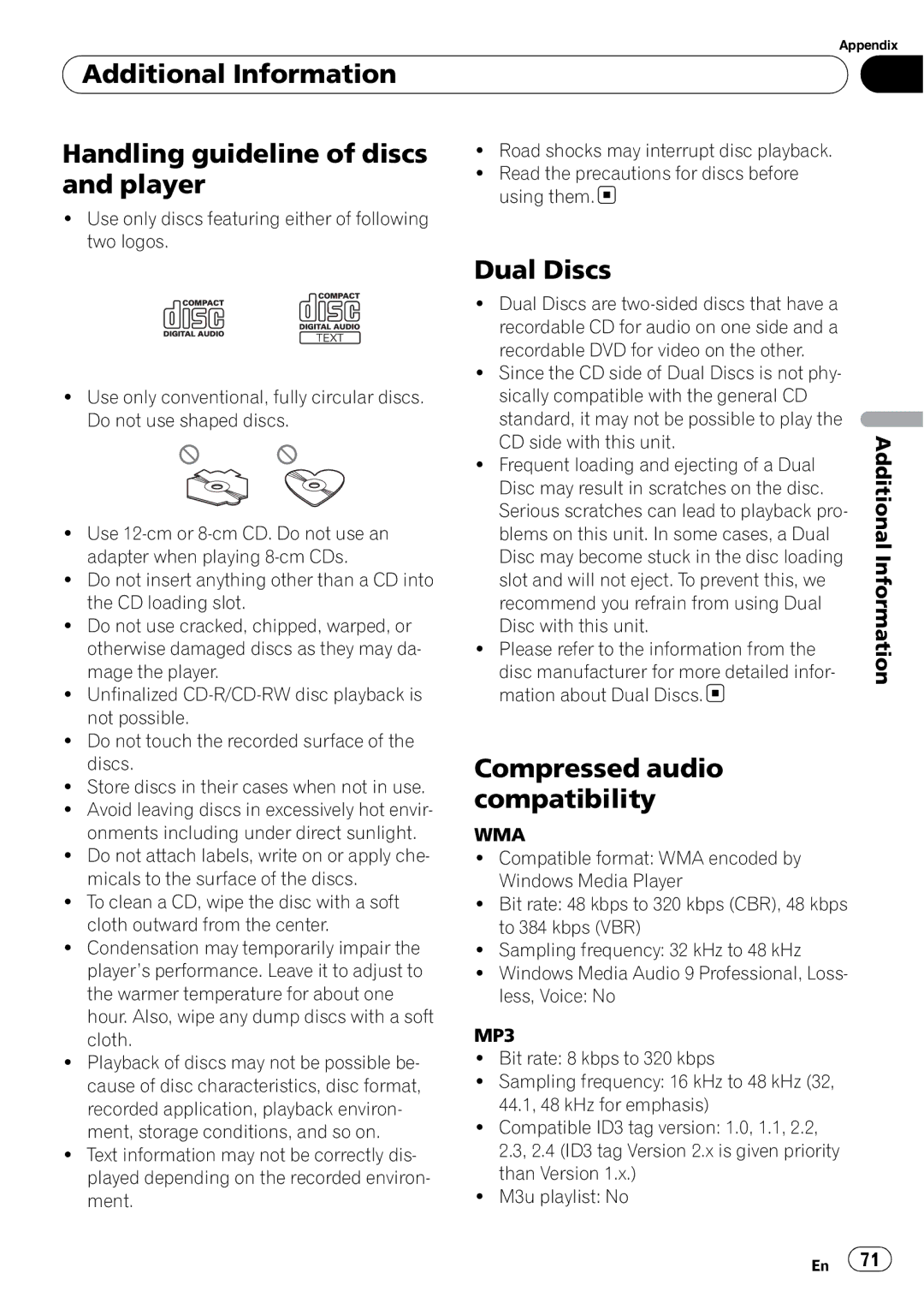 Pioneer DEH-P700BT operation manual Dual Discs, Compressed audio compatibility, Wma, MP3 