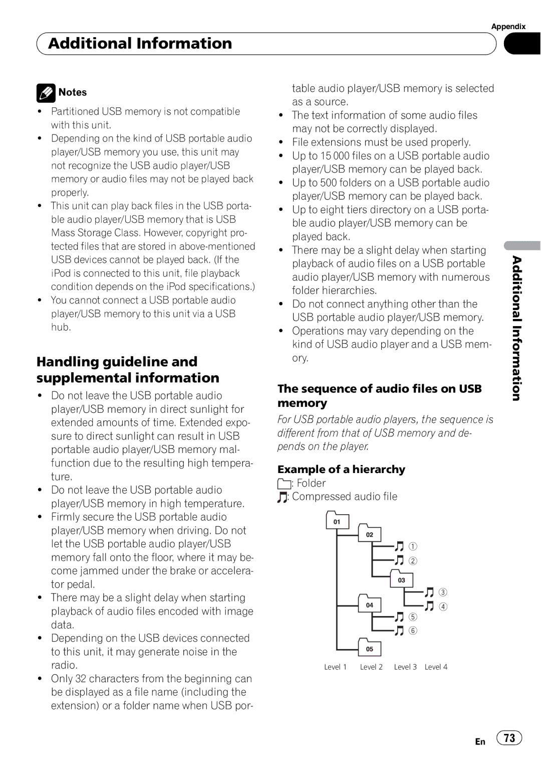 Pioneer DEH-P700BT operation manual Handling guideline and supplemental information, Sequence of audio files on USB Memory 