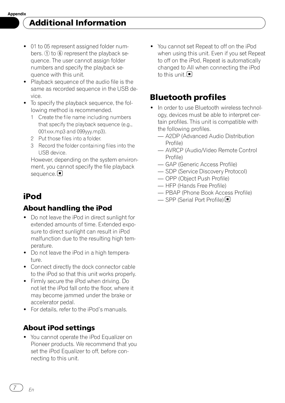 Pioneer DEH-P700BT operation manual IPod, Bluetooth profiles, About handling the iPod, About iPod settings 