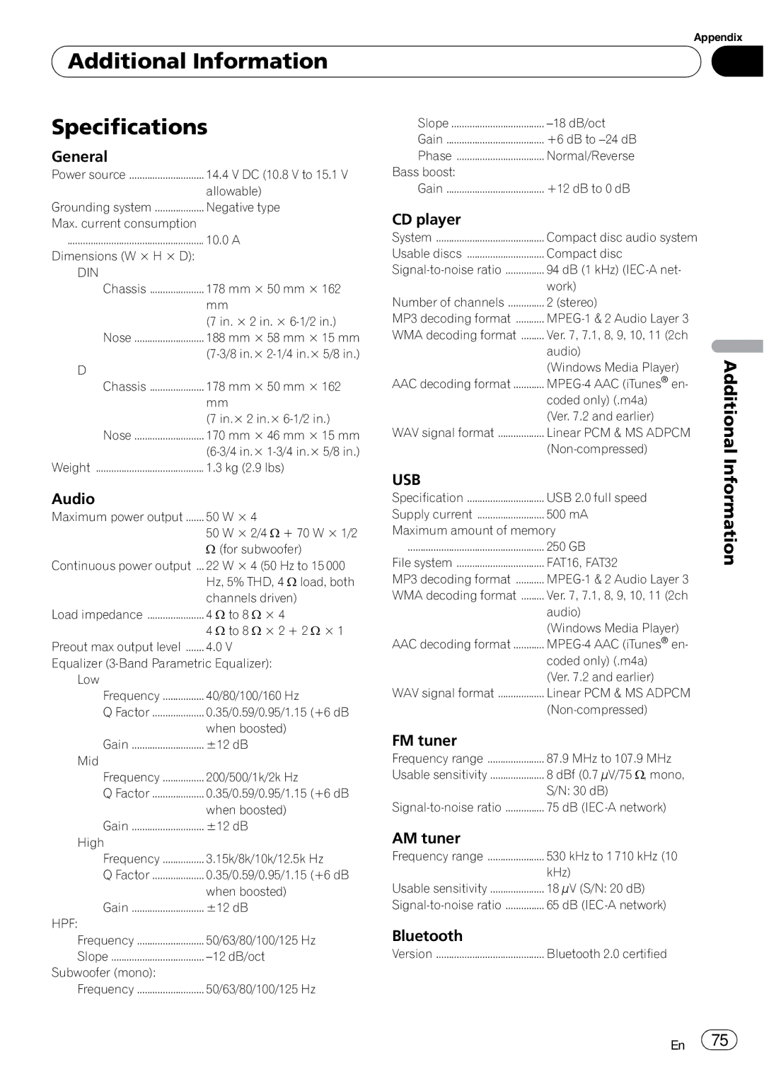 Pioneer DEH-P700BT operation manual Additional Information Specifications, Usb 