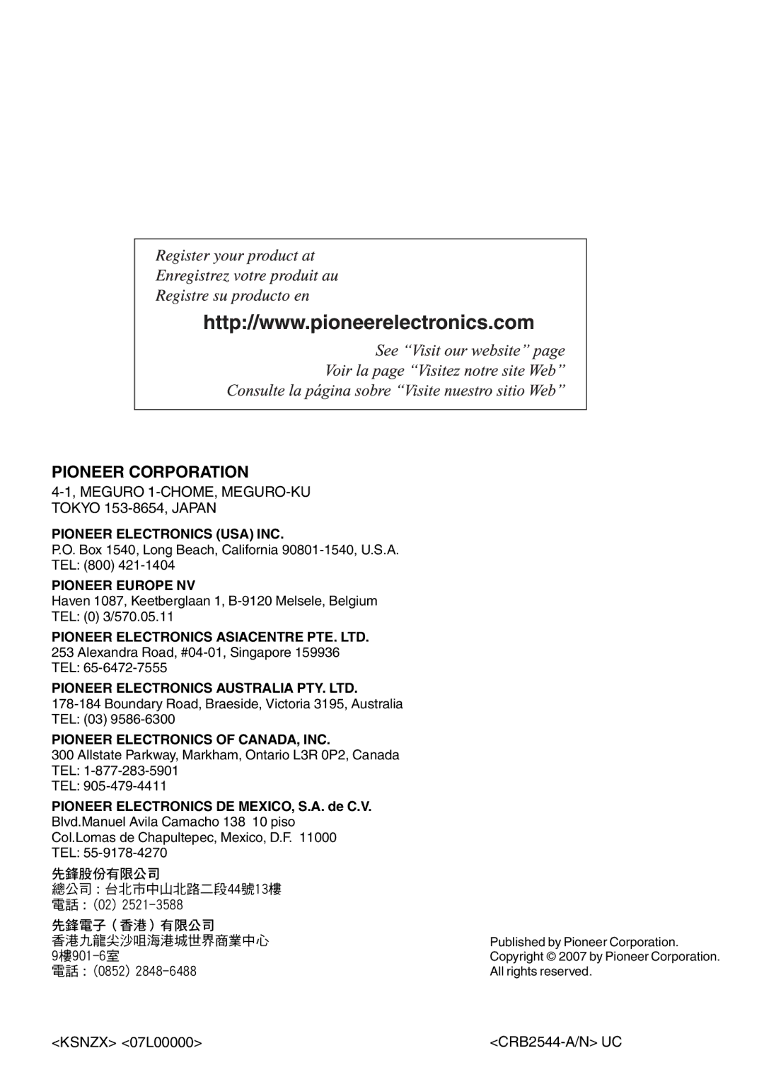 Pioneer DEH-P700BT operation manual Meguro 1-CHOME, MEGURO-KU Tokyo 153-8654, Japan, Ksnzx 07L00000 CRB2544-A/N UC 