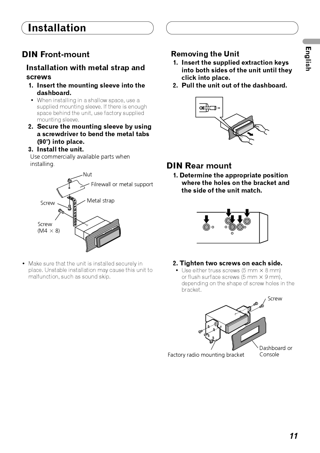 Pioneer DEH-P7100BT installation manual DIN Front-mount, DIN Rear mount, Insert the mounting sleeve into the dashboard 