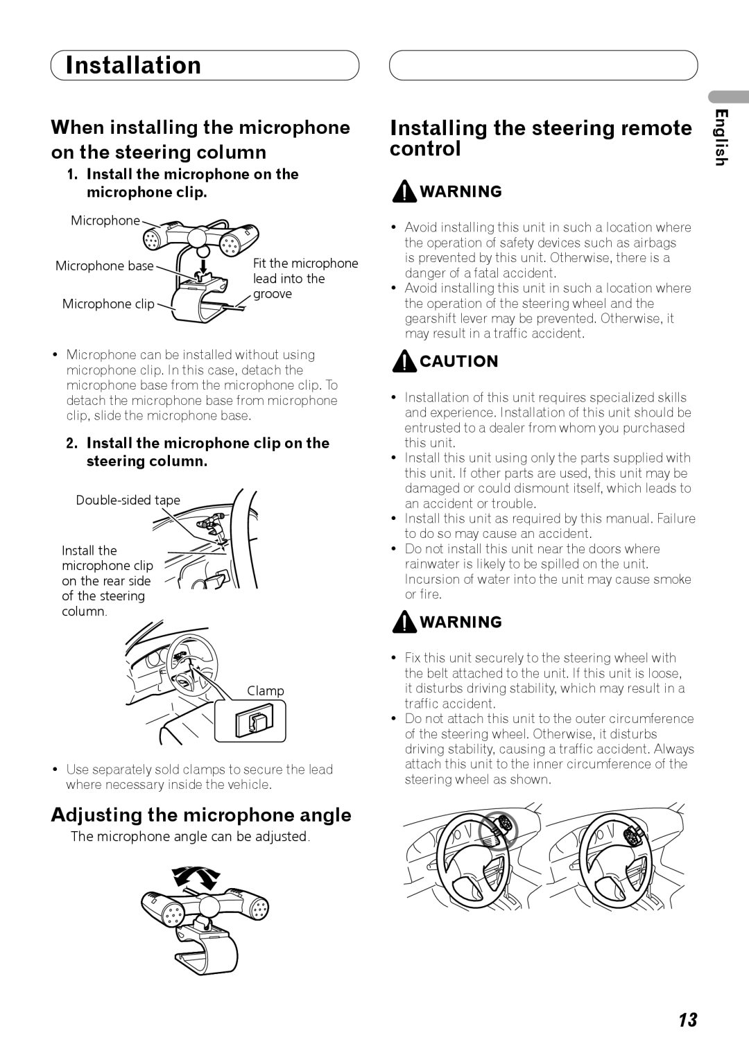 Pioneer DEH-P7100BT Installing the steering remote control, When installing the microphone on the steering column 