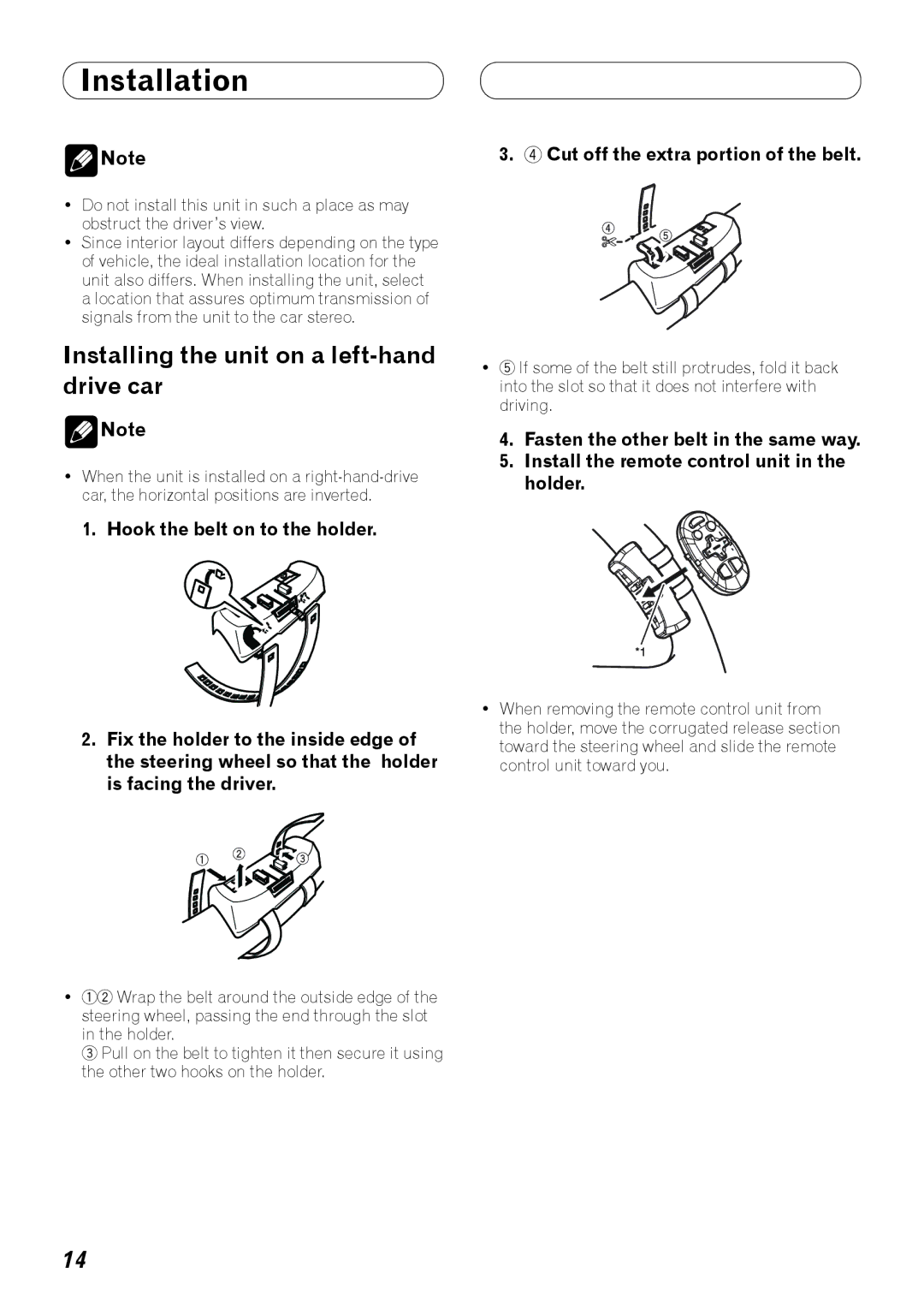 Pioneer DEH-P7100BT installation manual Installing the unit on a left-hand drive car, Cut off the extra portion of the belt 