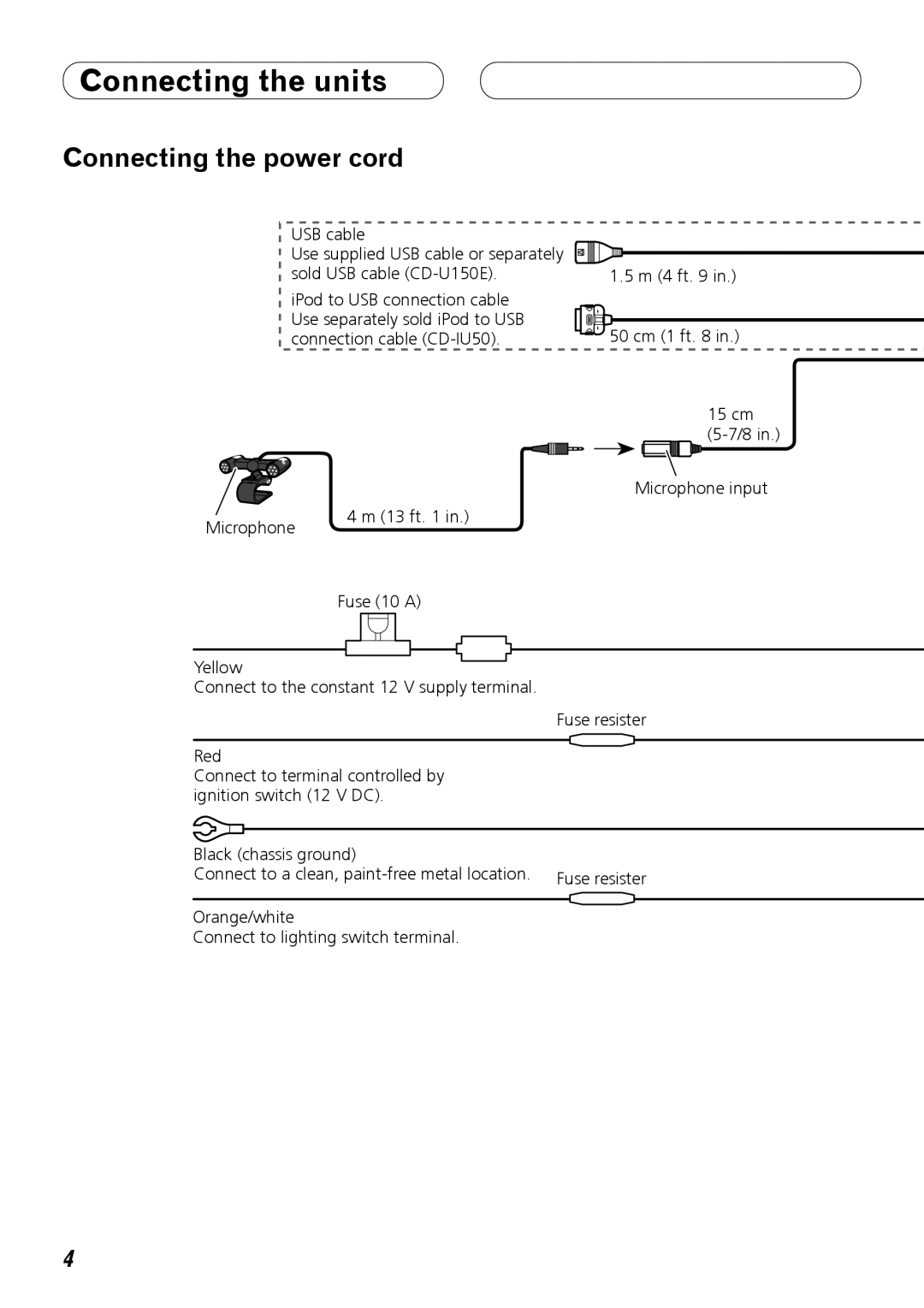 Pioneer DEH-P7100BT installation manual Connecting the power cord, USB cable, Microphone, Fuse 10 a 