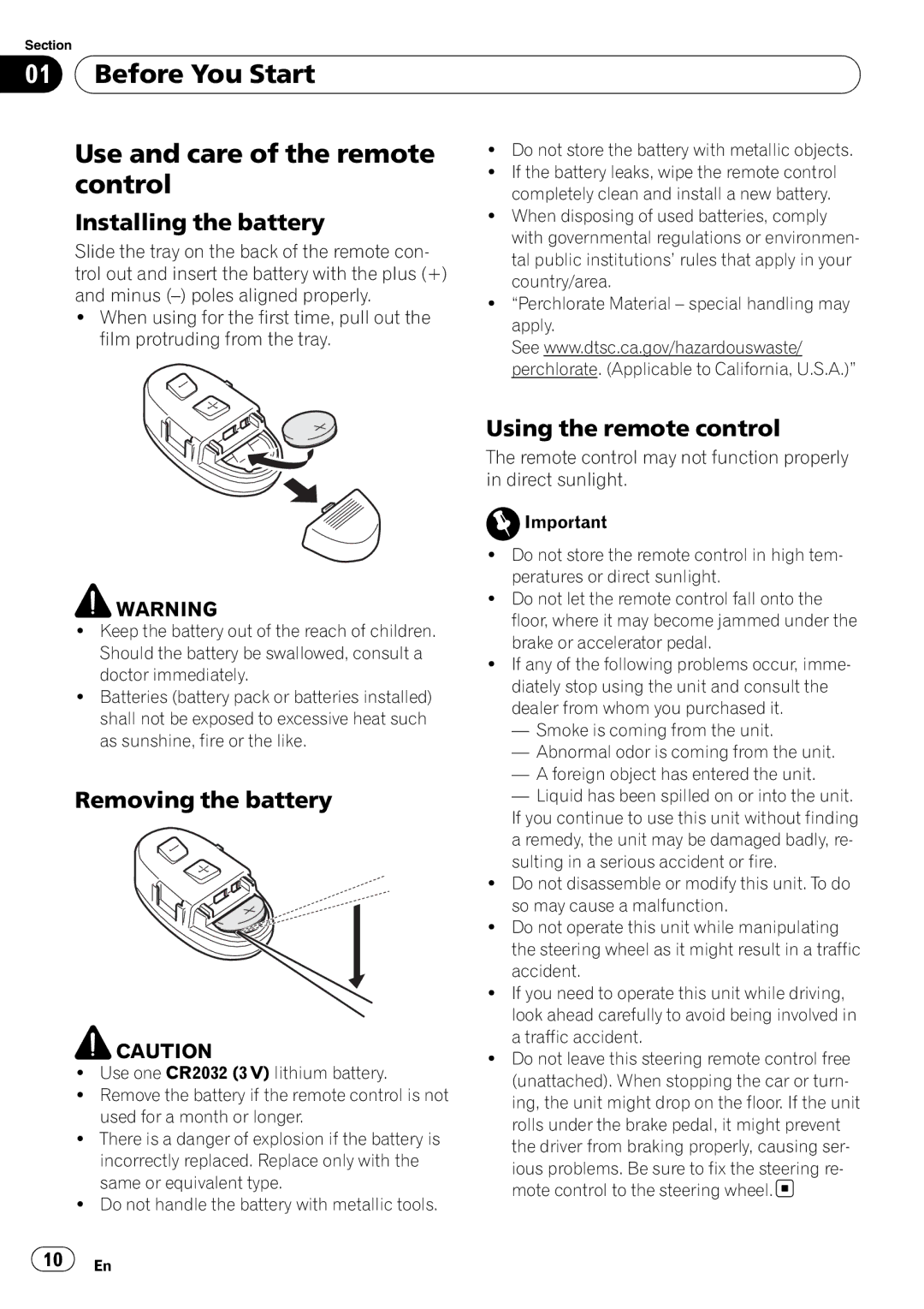 Pioneer DEH-P7100BT Before You Start Use and care of the remote, Control, Installing the battery, Using the remote control 