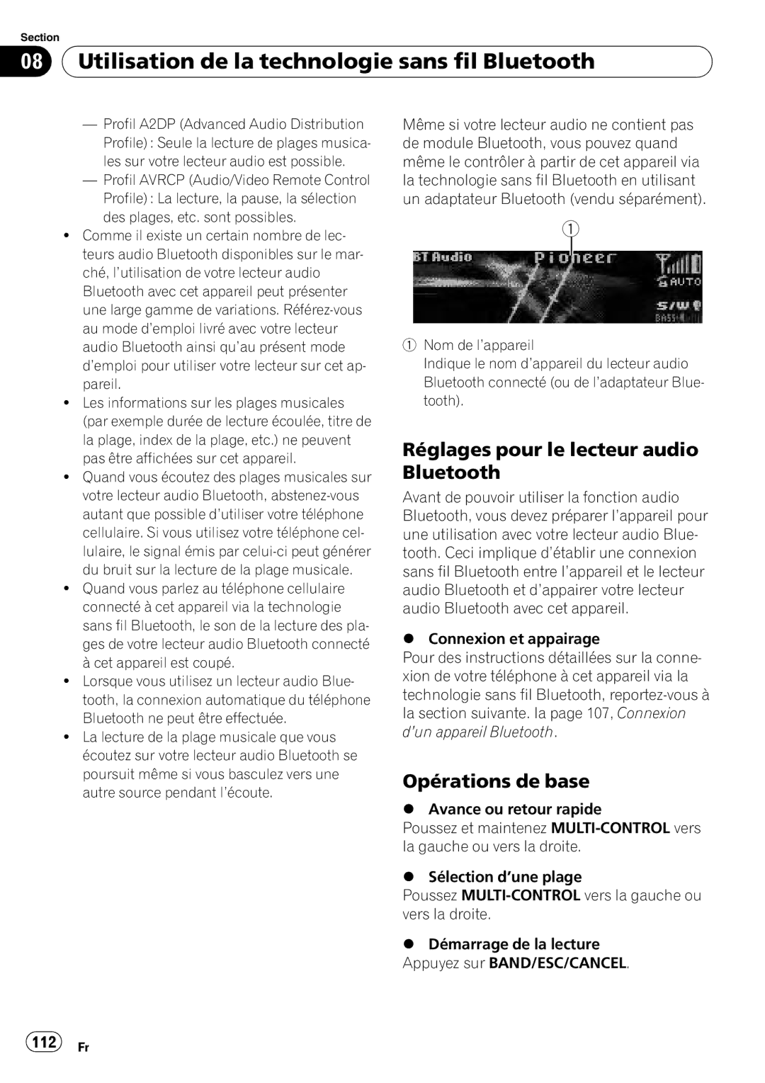 Pioneer DEH-P7100BT operation manual Réglages pour le lecteur audio Bluetooth, Opérations de base, 112 Fr 