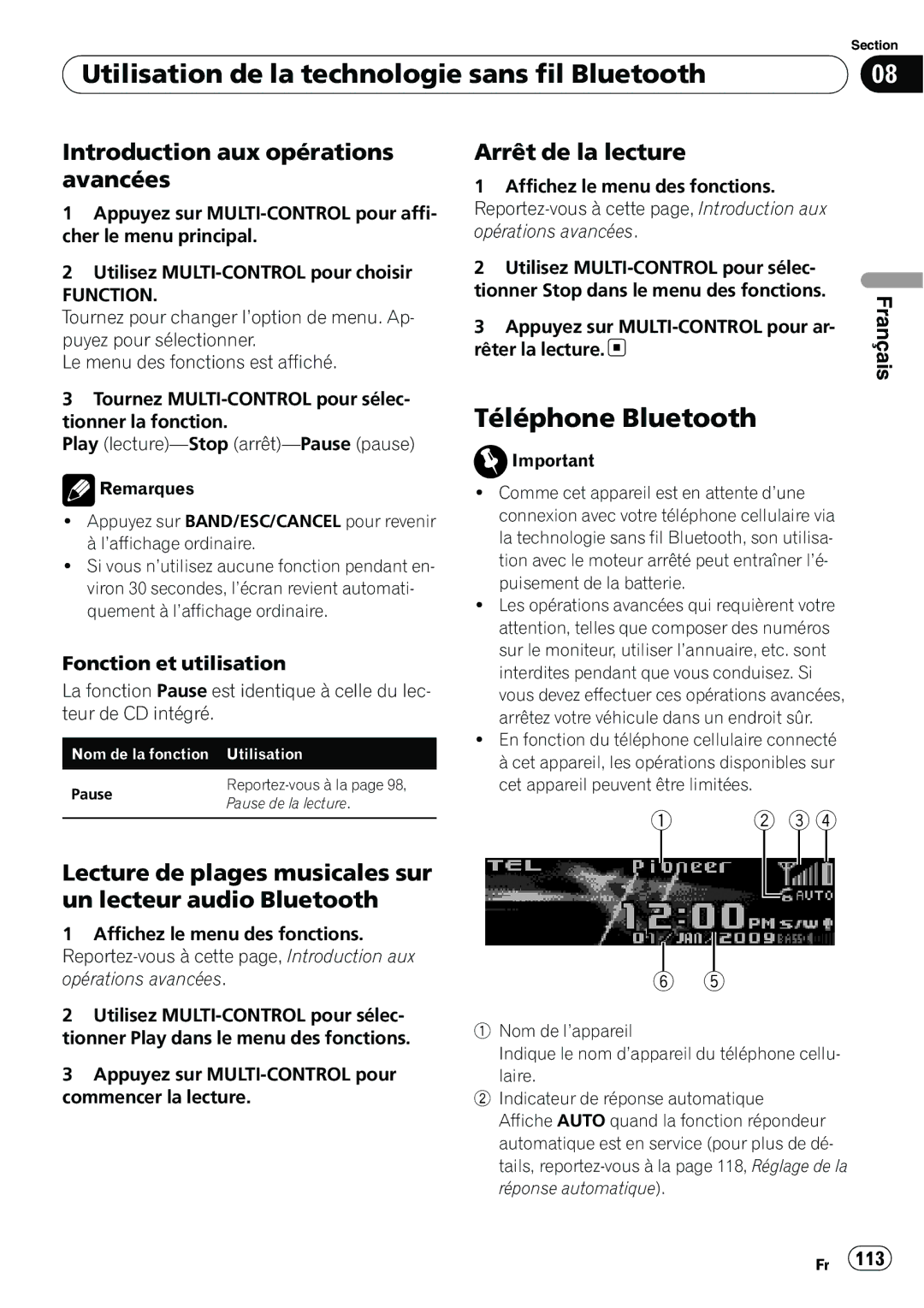 Pioneer DEH-P7100BT operation manual Téléphone Bluetooth, Introduction aux opérations avancées, Arrêt de la lecture 