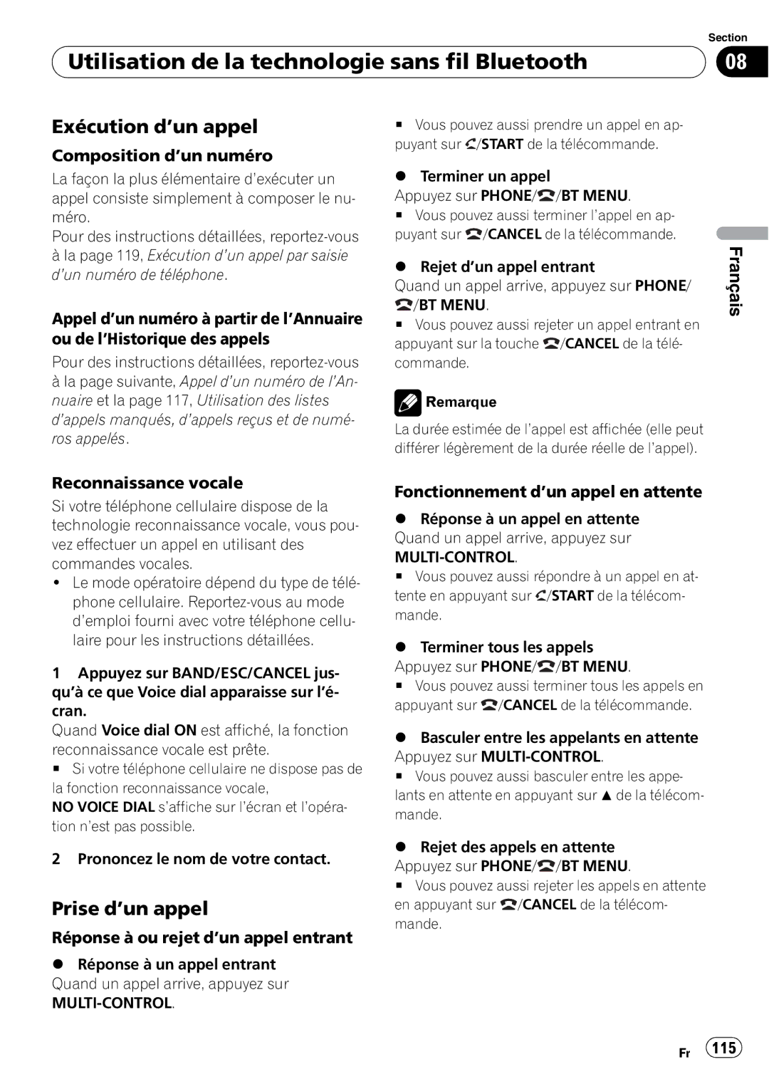 Pioneer DEH-P7100BT operation manual Exécution d’un appel, Prise d’un appel 