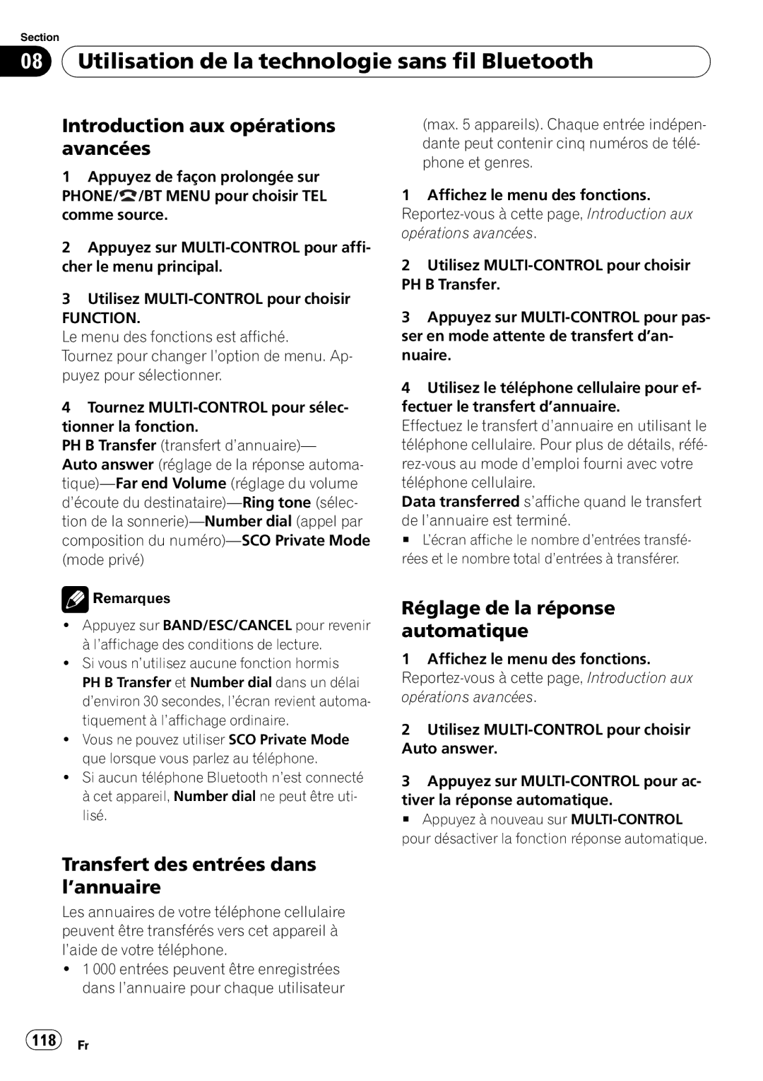 Pioneer DEH-P7100BT operation manual Transfert des entrées dans l’annuaire, Réglage de la réponse automatique, 118 Fr 