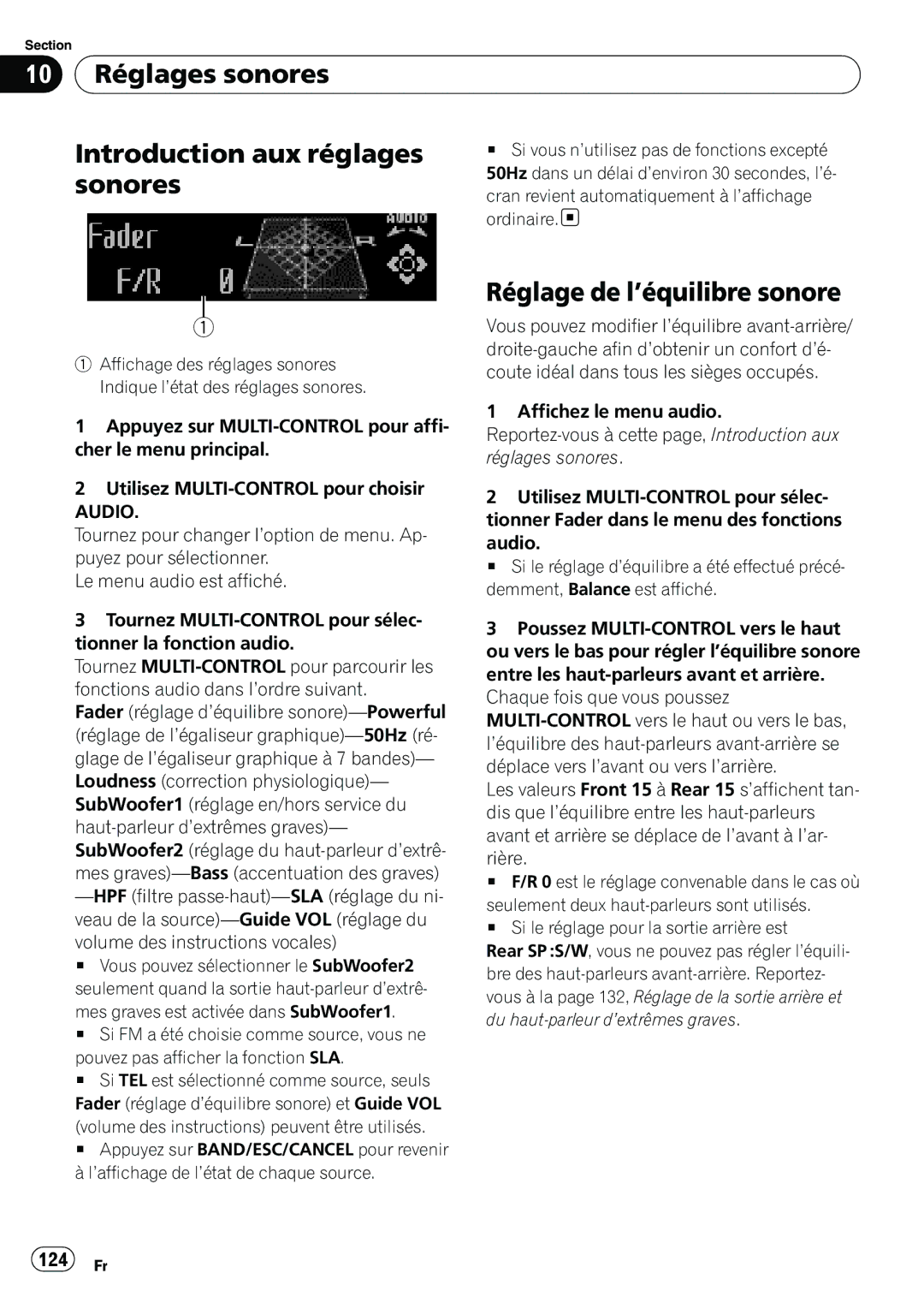 Pioneer DEH-P7100BT 10 Réglages sonores Introduction aux réglages, Sonores, Réglage de l’équilibre sonore, 124 Fr, Audio 