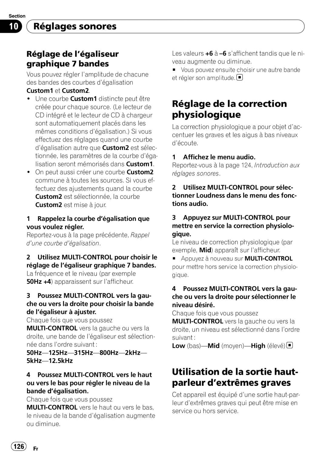 Pioneer DEH-P7100BT 10 Réglages sonores, Réglage de la correction physiologique, Réglage de l’égaliseur graphique 7 bandes 