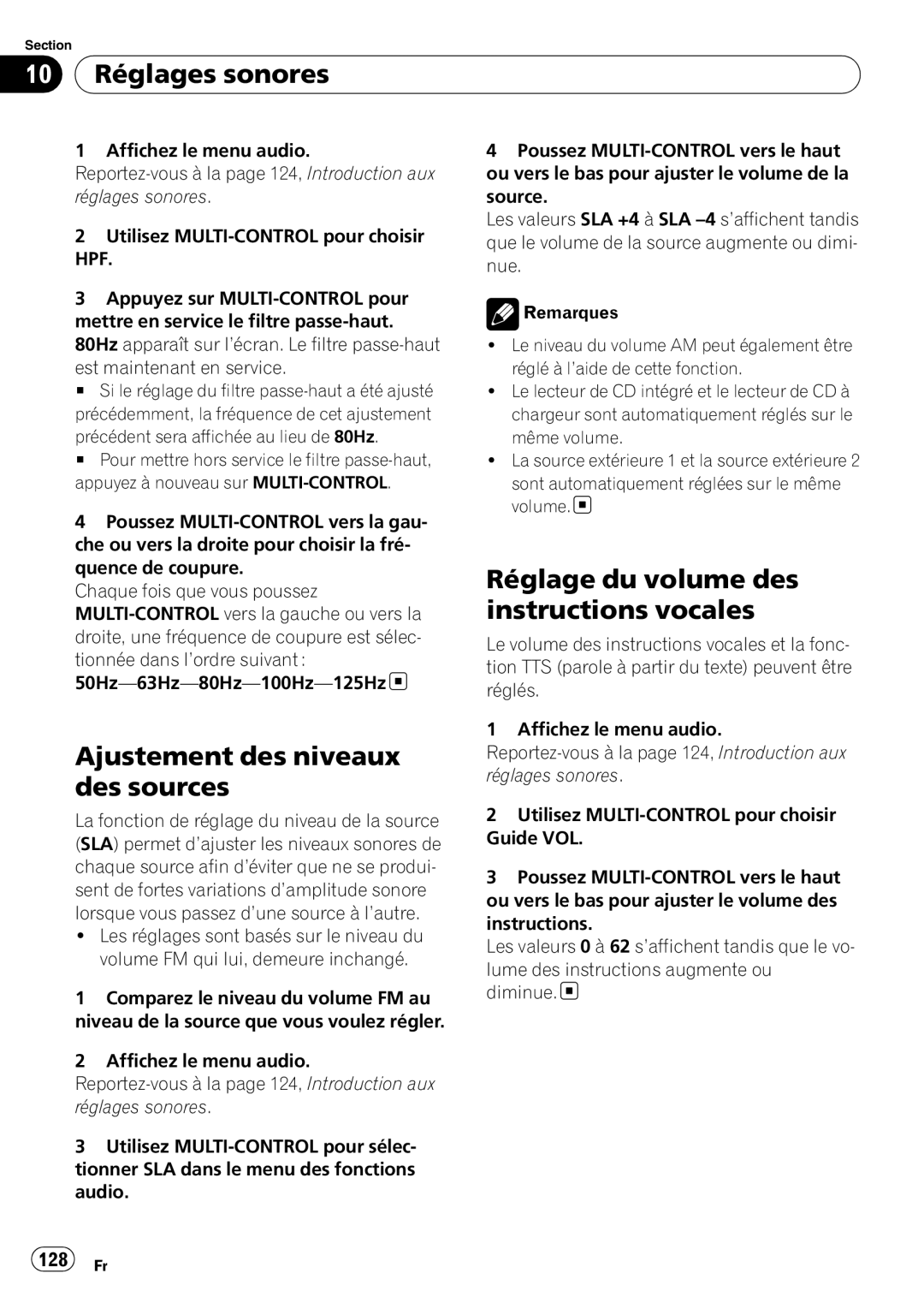 Pioneer DEH-P7100BT operation manual Ajustement des niveaux des sources, Réglage du volume des instructions vocales, 128 Fr 