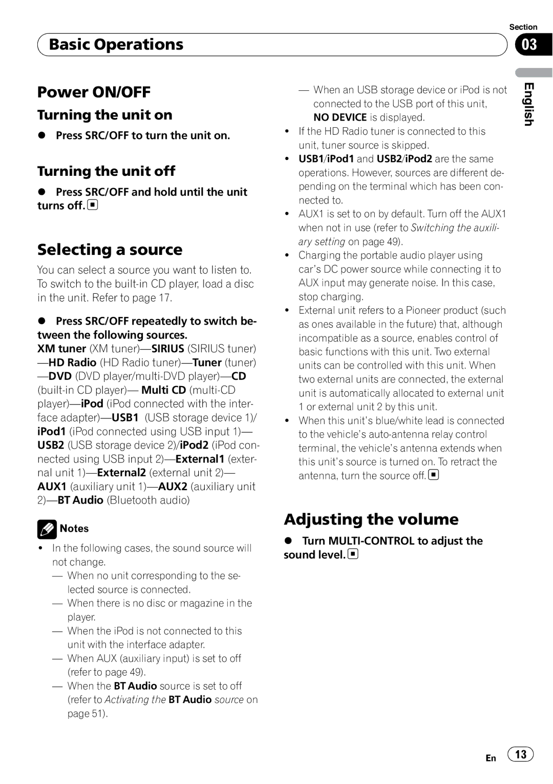 Pioneer DEH-P7100BT Basic Operations Power ON/OFF, Selecting a source, Adjusting the volume, Turning the unit on 