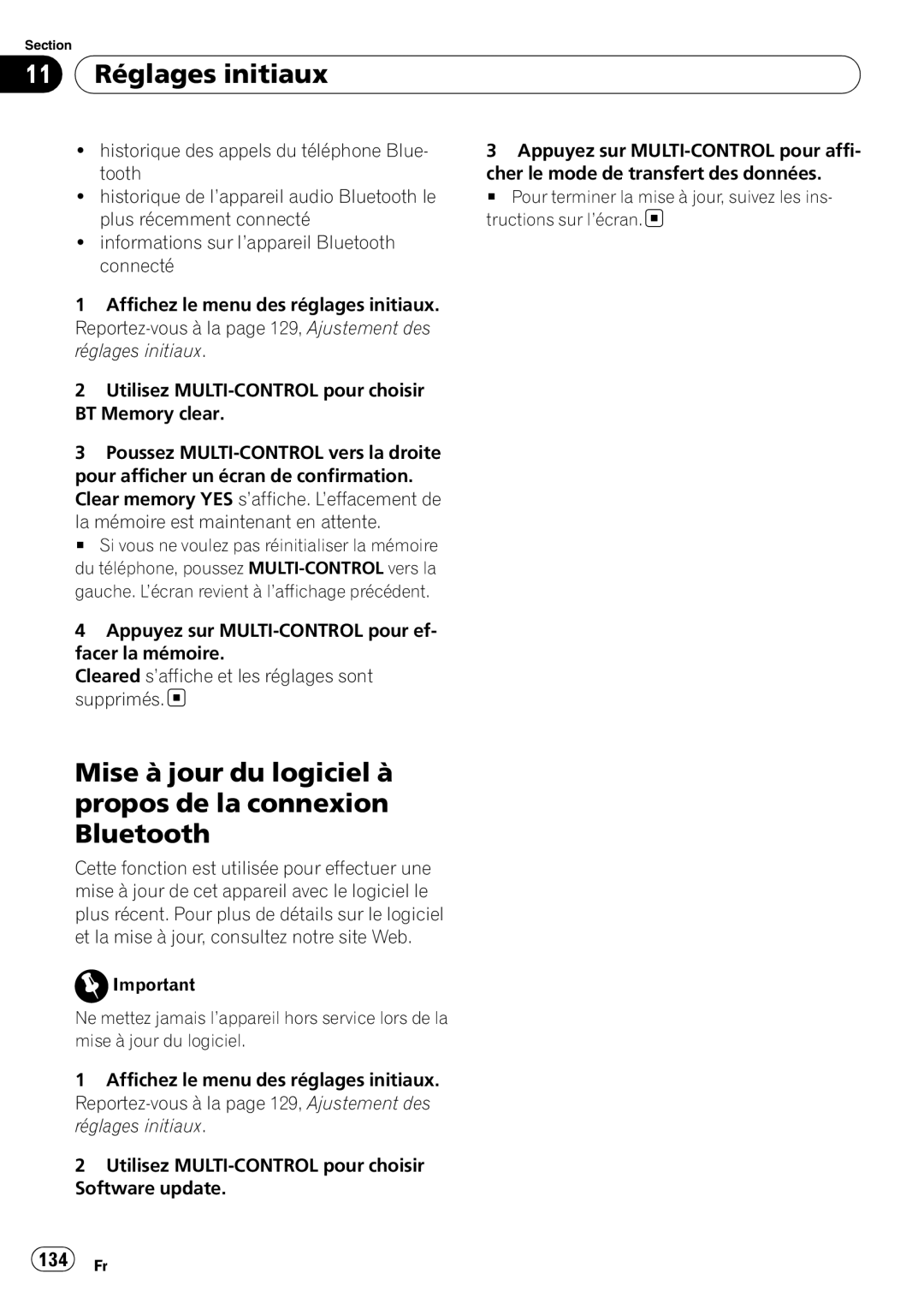 Pioneer DEH-P7100BT operation manual Mise à jour du logiciel à propos de la connexion Bluetooth, 134 Fr 