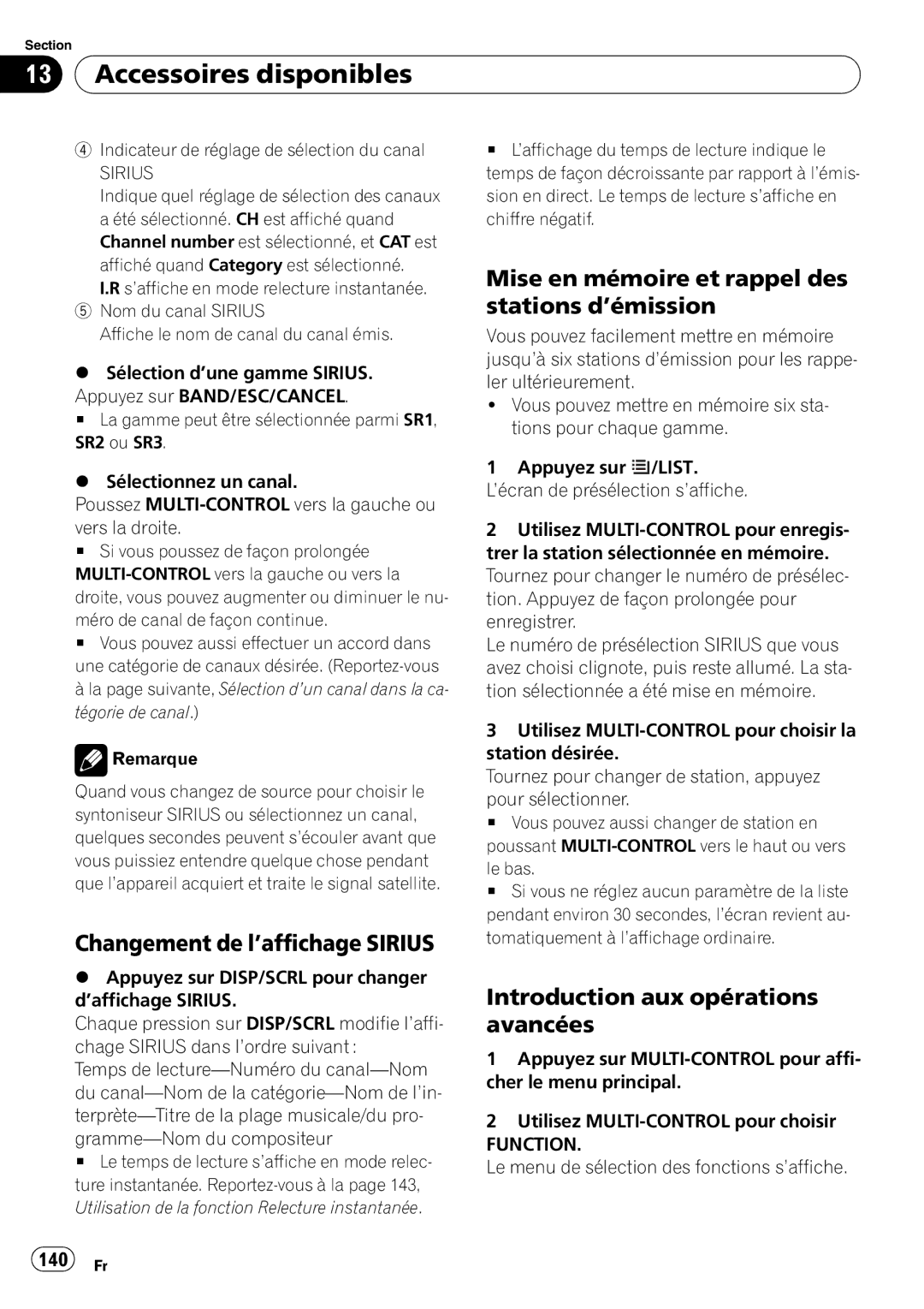 Pioneer DEH-P7100BT operation manual Changement de l’affichage Sirius, 140 Fr, Le menu de sélection des fonctions s’affiche 