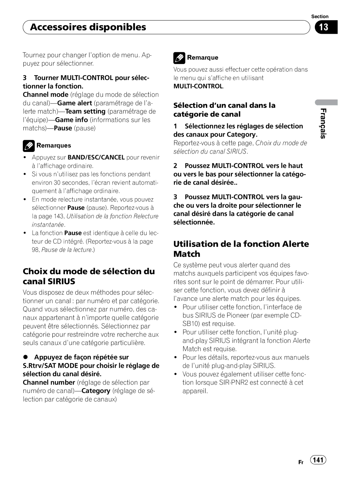 Pioneer DEH-P7100BT operation manual Choix du mode de sélection du canal Sirius, Utilisation de la fonction Alerte Match 