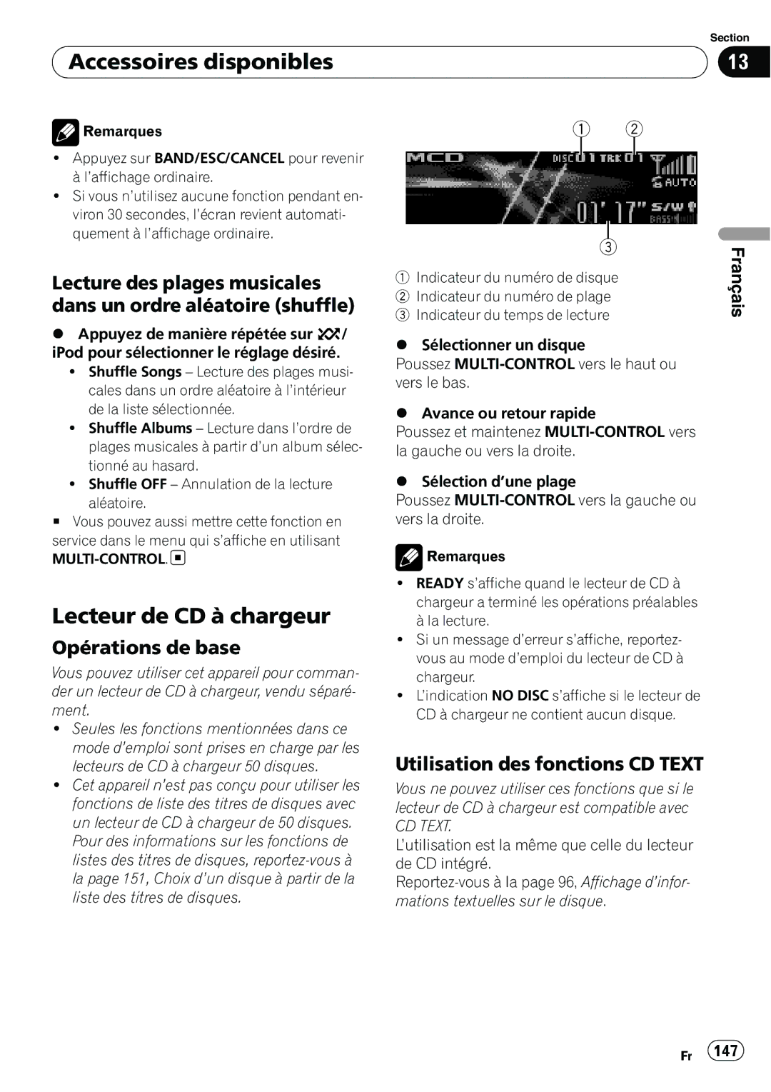 Pioneer DEH-P7100BT operation manual Lecteur de CD à chargeur, Utilisation des fonctions CD Text 