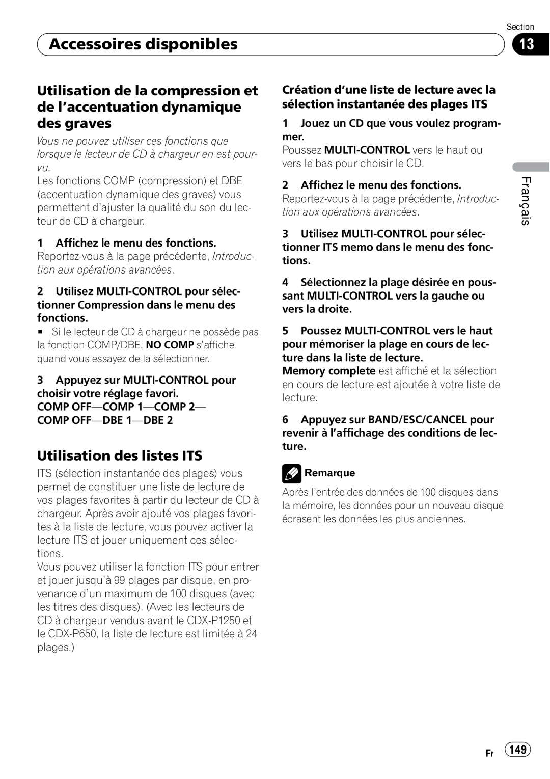 Pioneer DEH-P7100BT operation manual Utilisation des listes ITS, Comp OFF-COMP 1-COMP 2- Comp OFF-DBE 1-DBE 